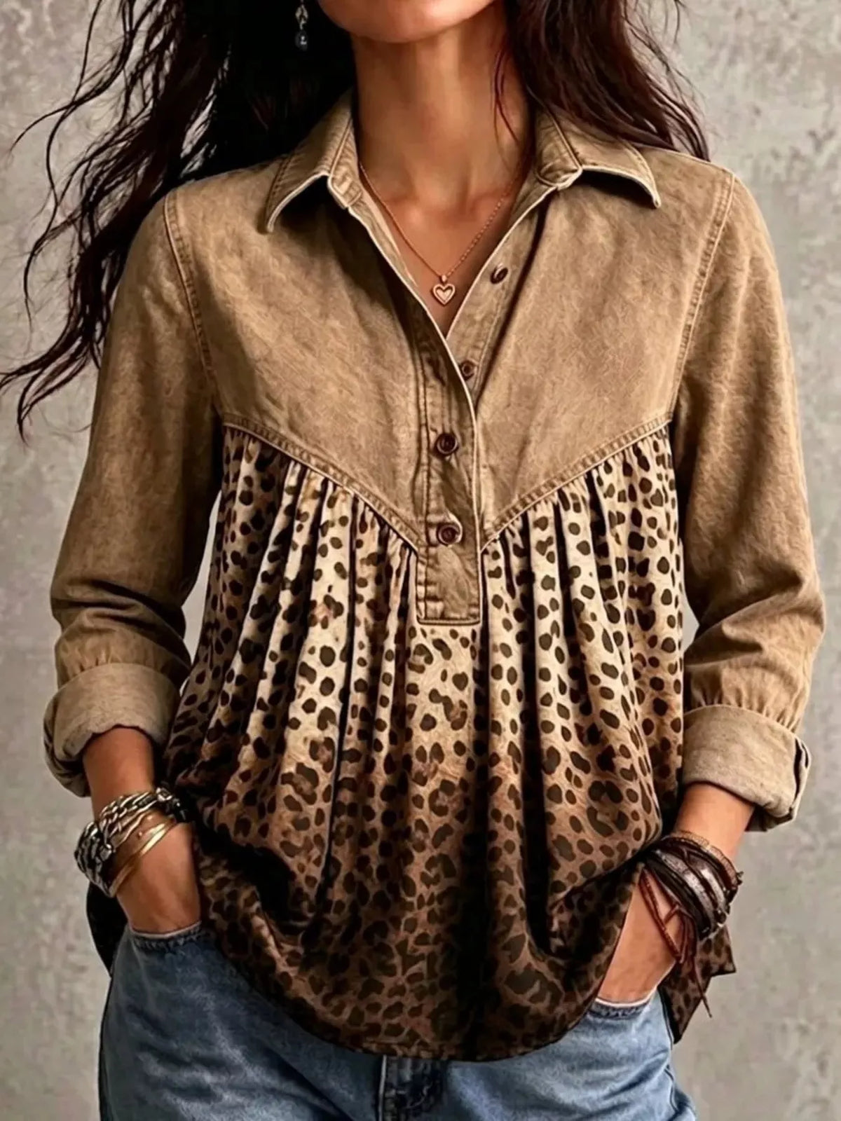 Full Size Leopard Button Detail Blouse Plus Size - Lilixa.store