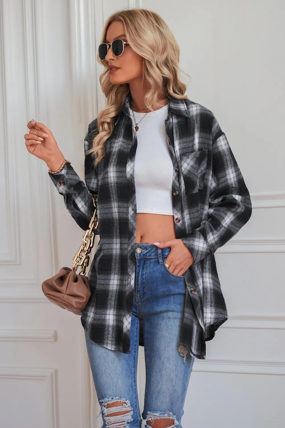 Plaid Button Up Dropped Shoulder Outerwear - Lilixa.store