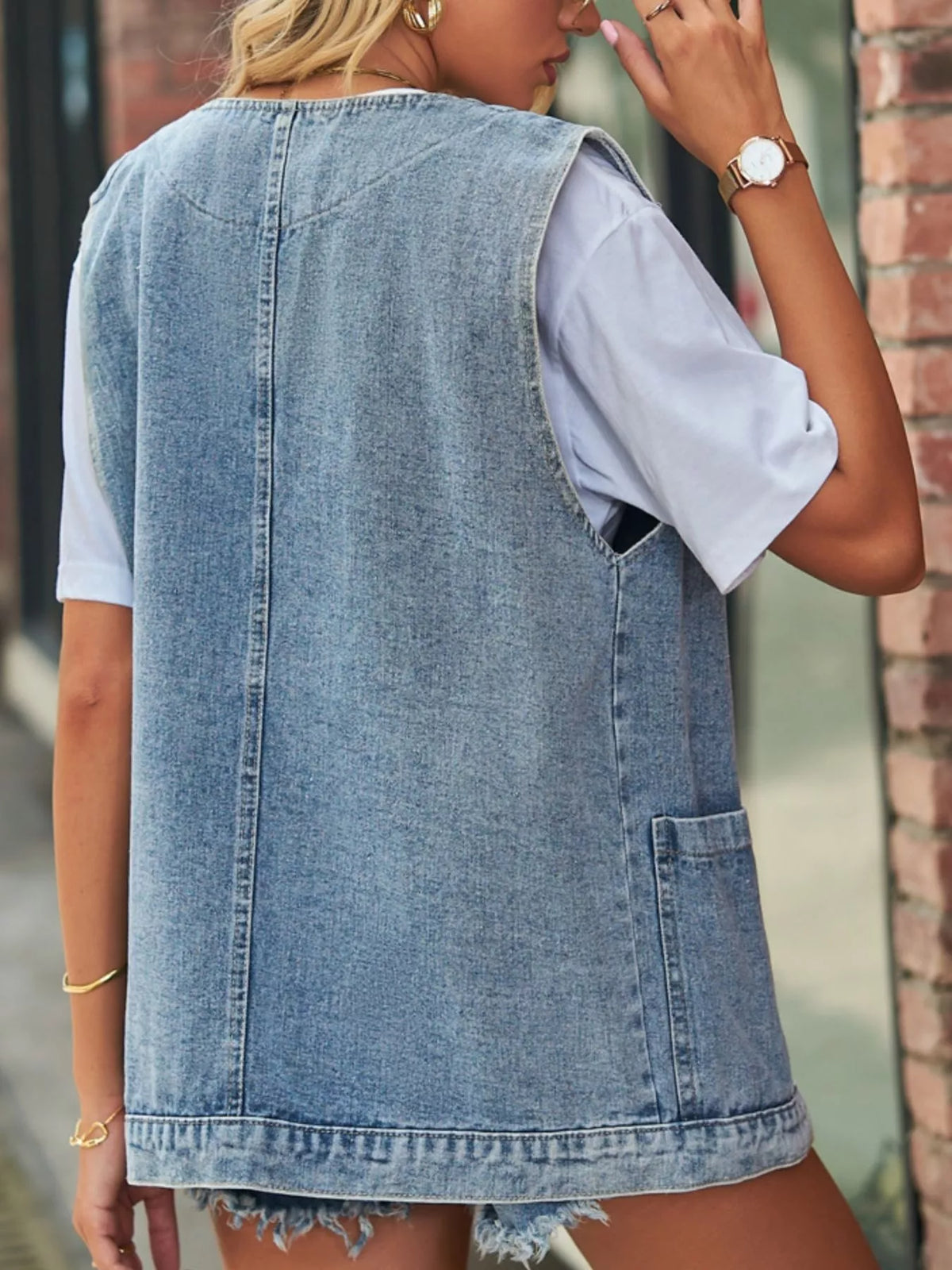 Sleeveless Button-Down Denim Jacket Vest, view 2
