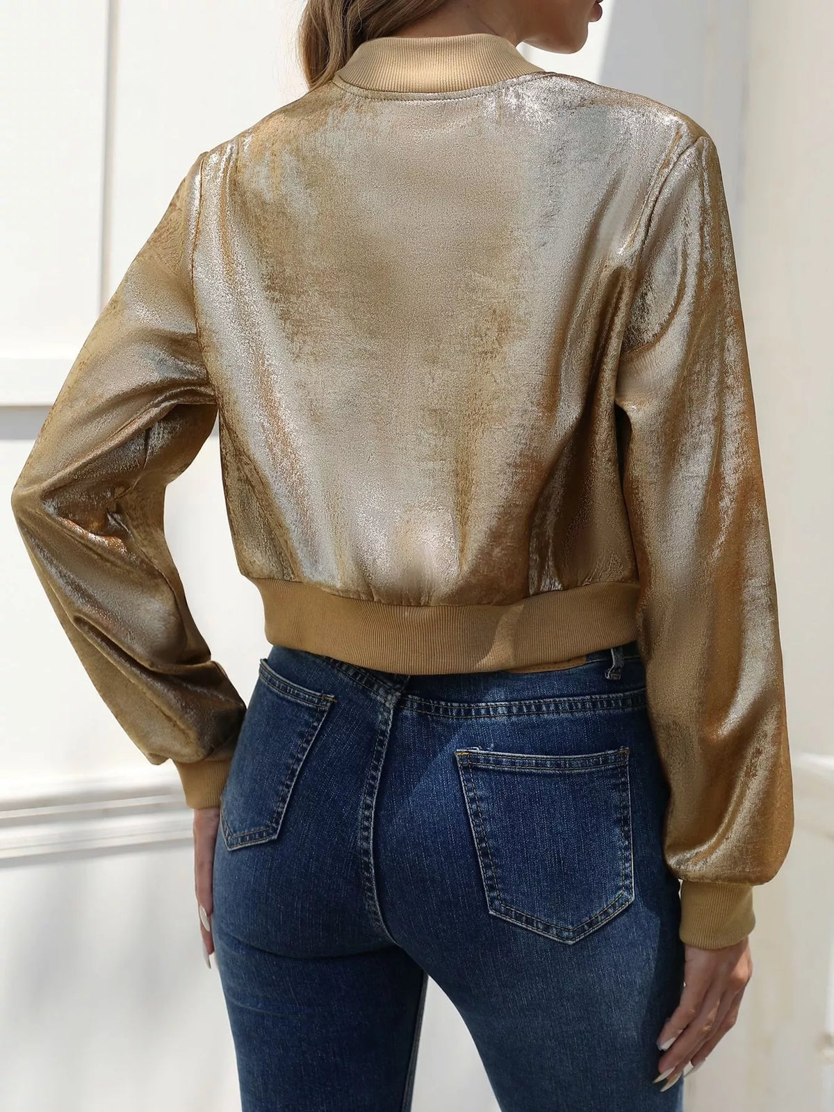 Zip Up Cropped Jacket in Gold, view 3