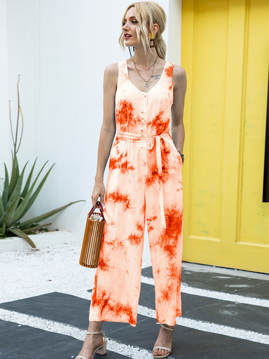 Ivy Lane Tie-Dye Tie Waist Sleeveless Jumpsuit - Lilixa.store