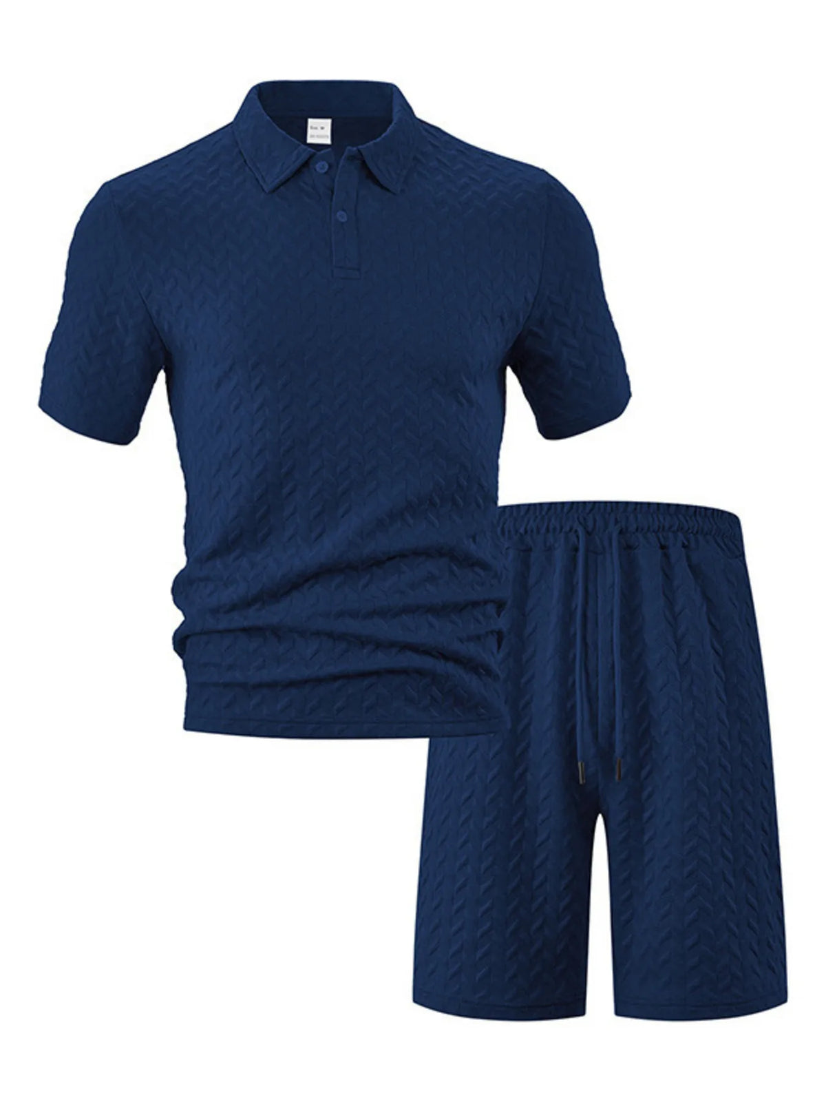 Men's Full Size Textured Polo Shirt and Shorts Set Plus Size in Navy Blue