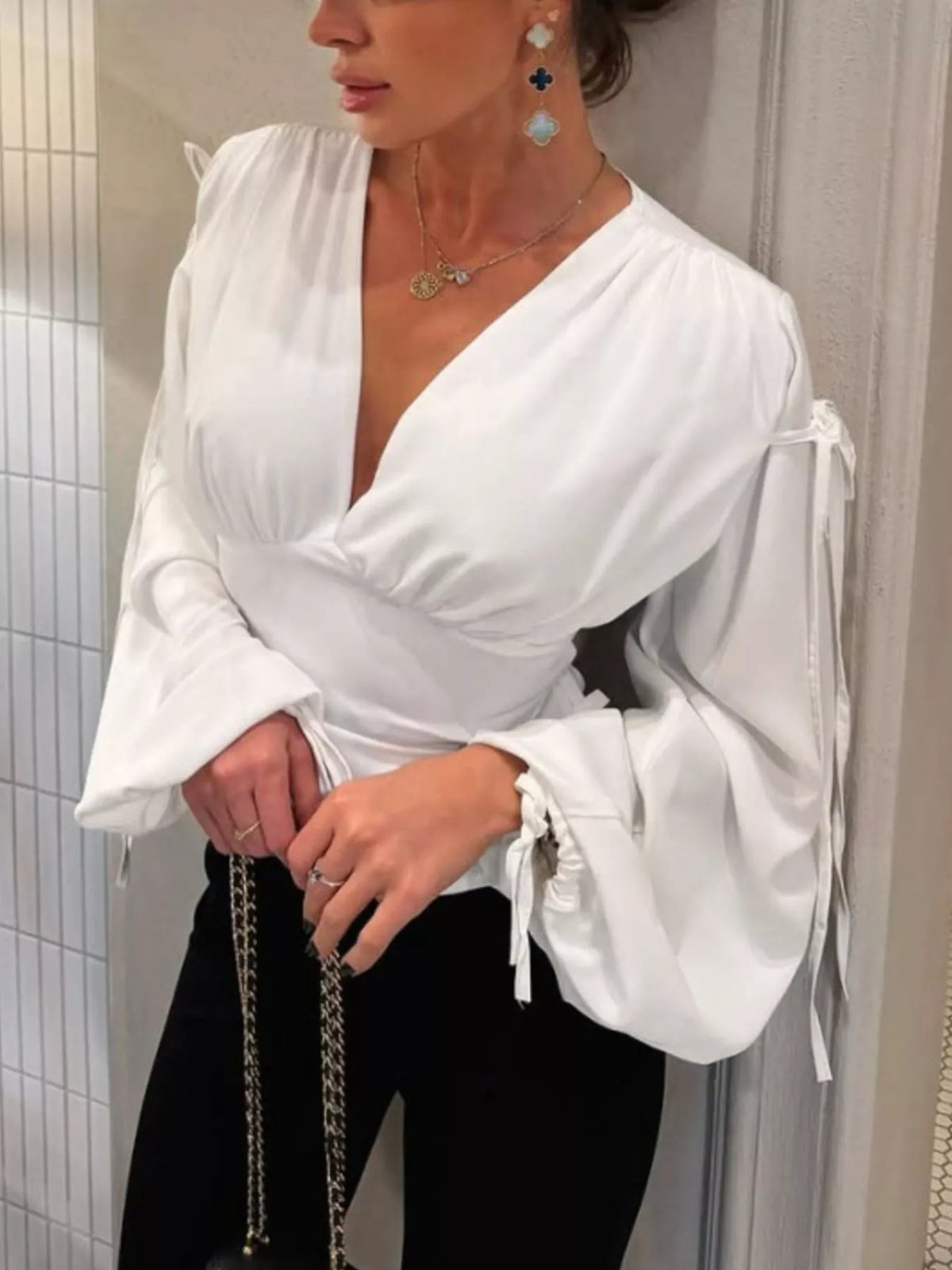 Tied V-Neck Balloon Sleeve Blouse in White, view 3