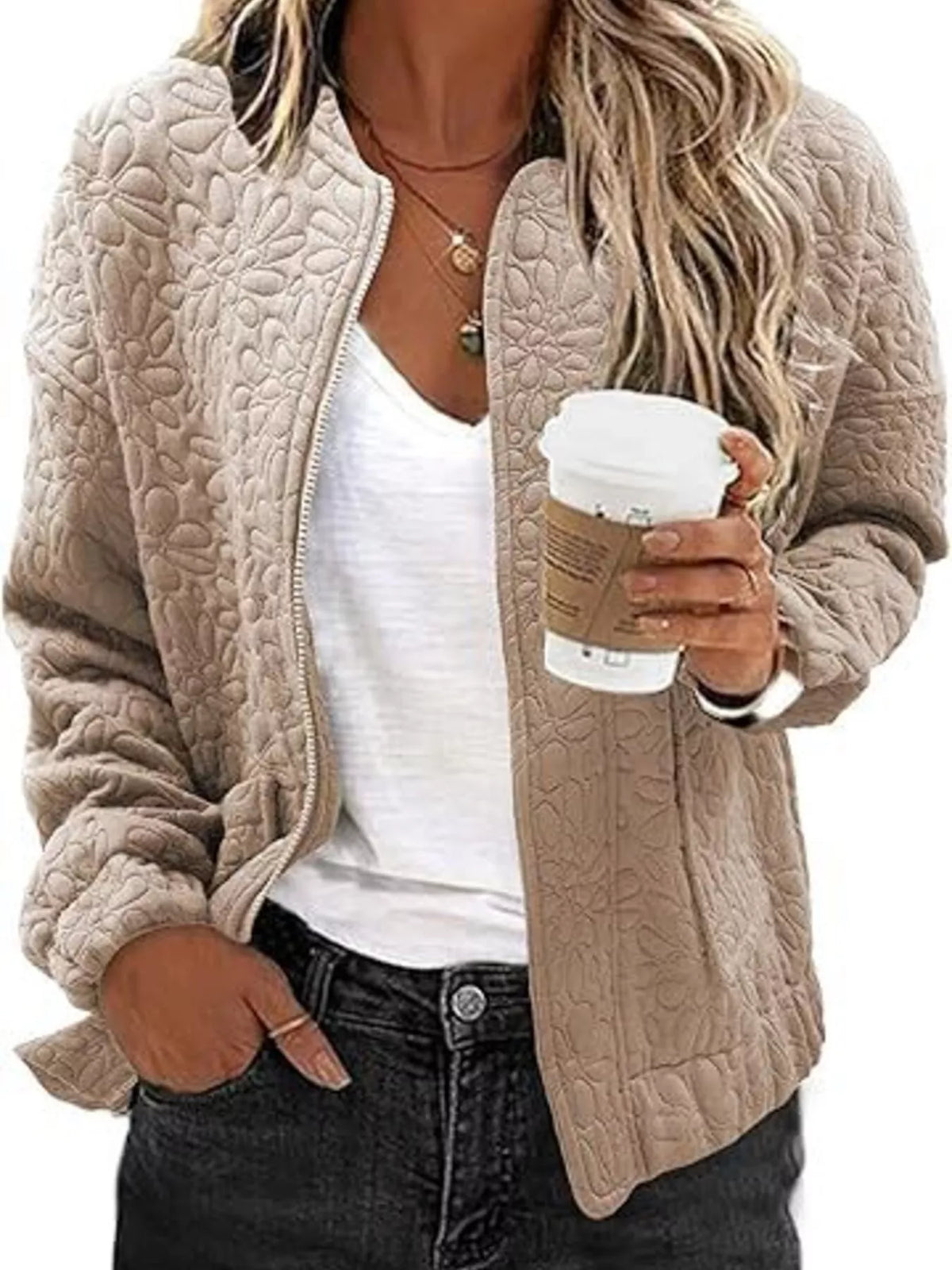 Floral Quilted Zip Up Jacket in Khaki