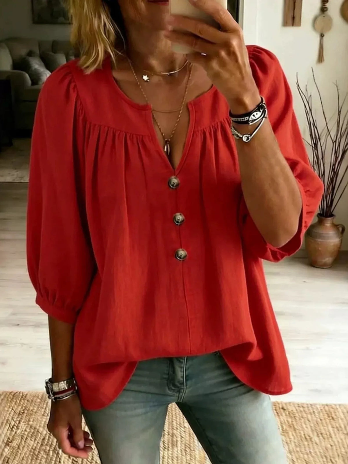 Full Size Notched 3/4 Sleeve Blouse Plus Size - Lilixa.store