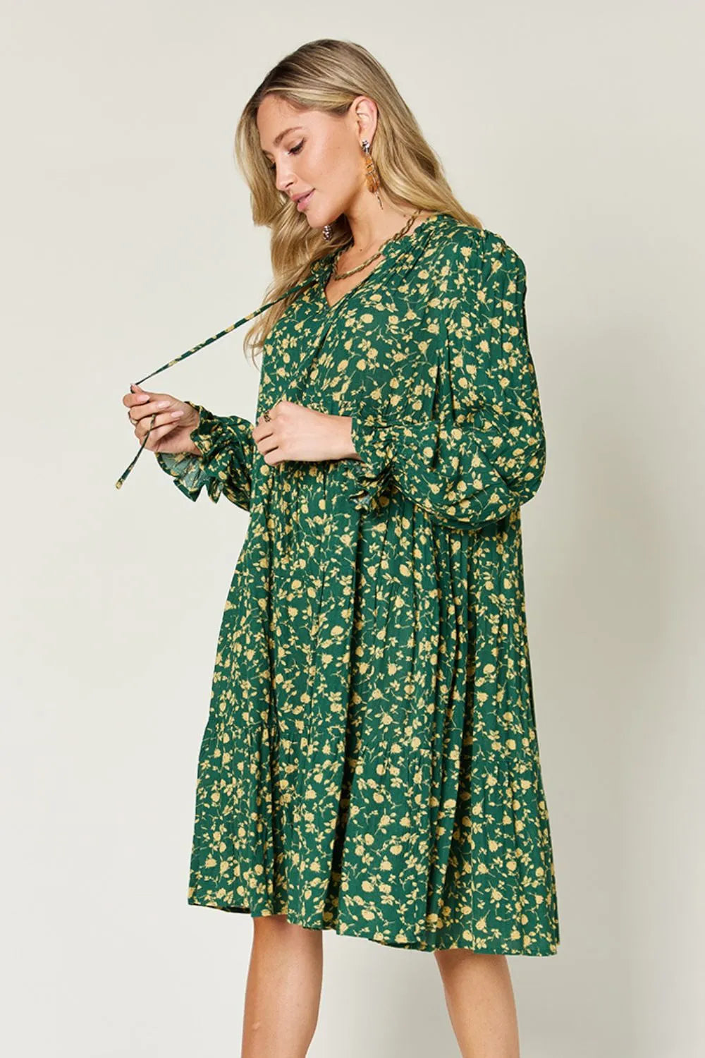 Double Take Full Size Printed Ruffle Hem Long Sleeve Tiered Dress - Lilixa.store