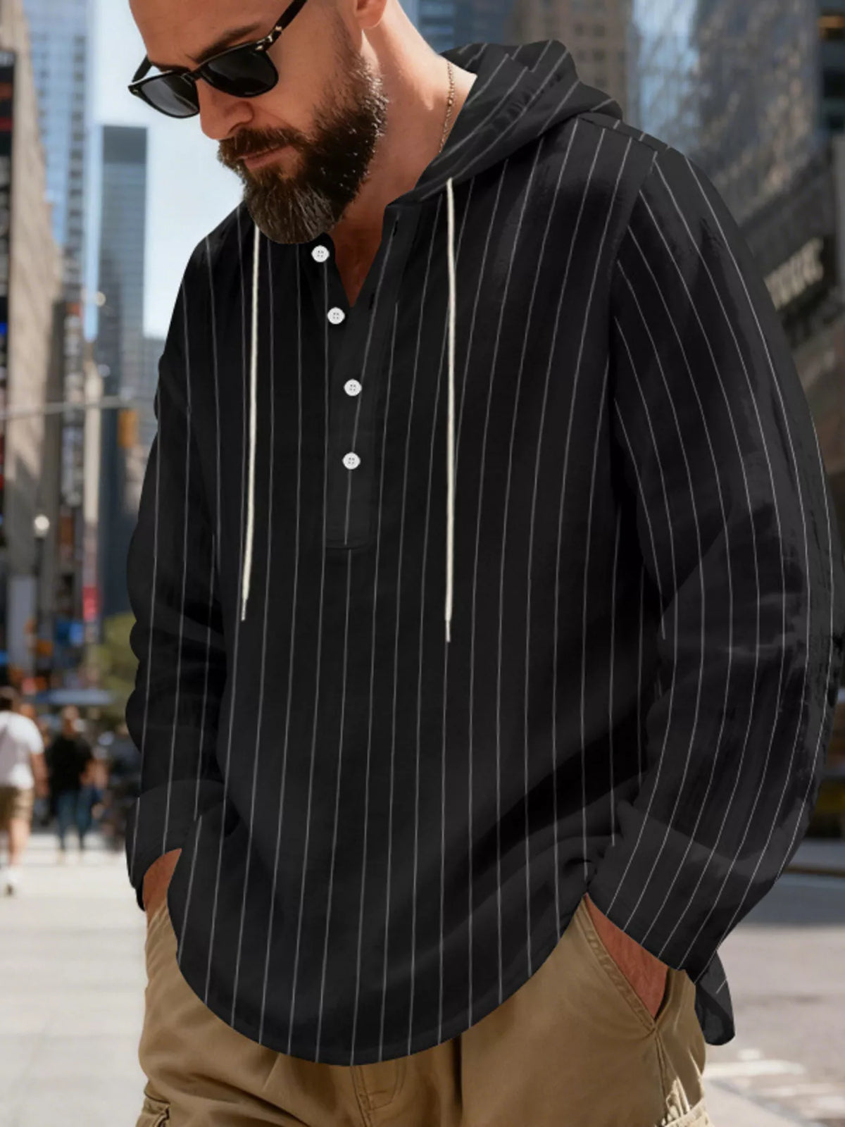 Men's Full Size Casual Striped Henley Hoodie with Drawstring Plus Size, view 9