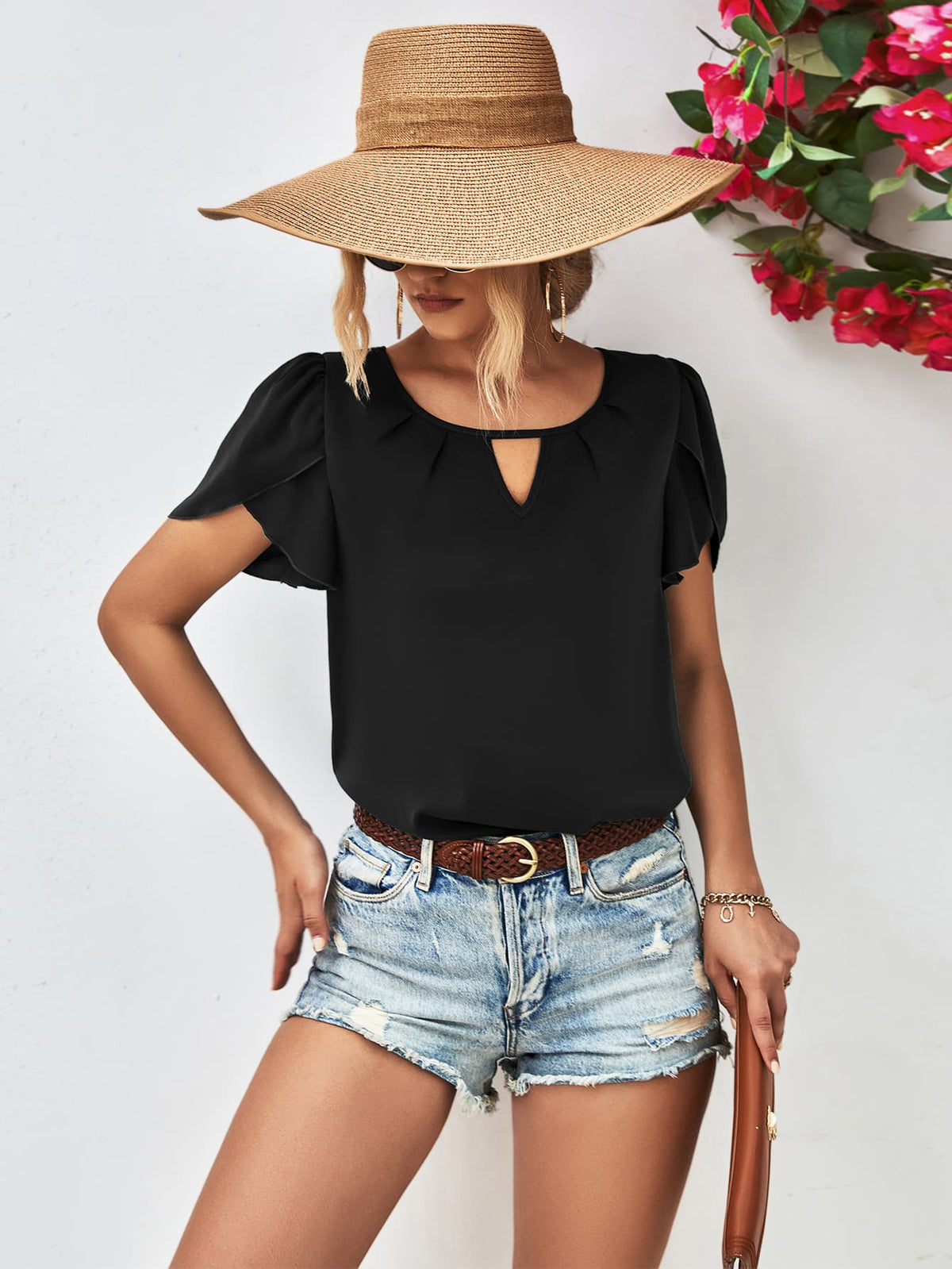 Cutout Round Neck Petal Sleeve Blouse, view 3
