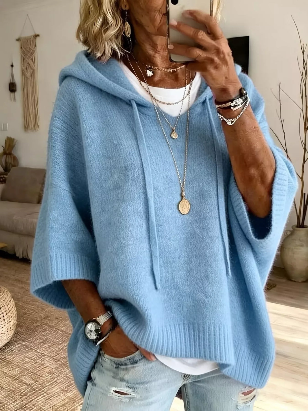 Full Size Casual Hooded Batwing Sleeve Knit Sweater Plus Size - Lilixa.store