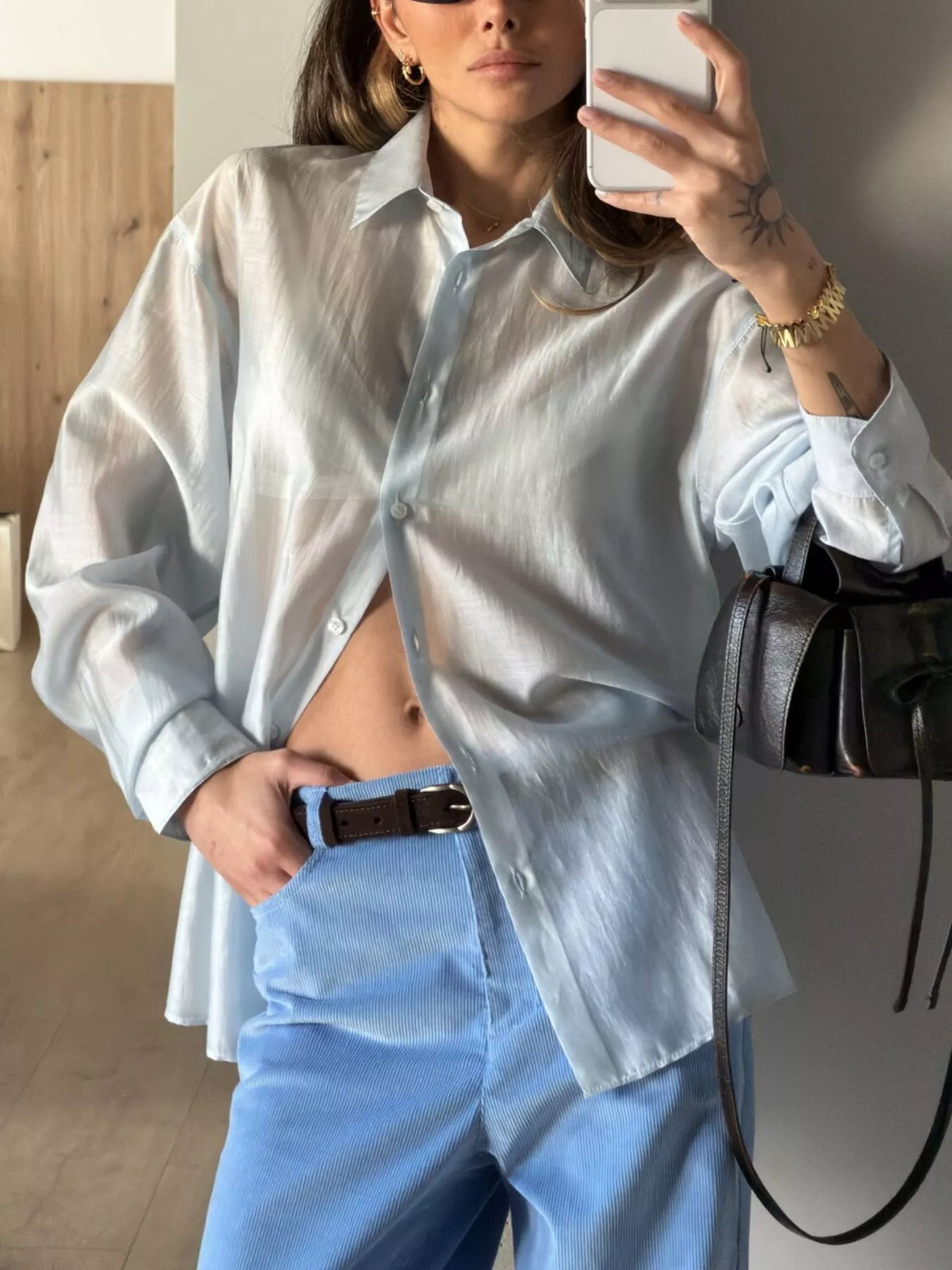 Sheer Oversized Button-Up Shirt in Light Blue