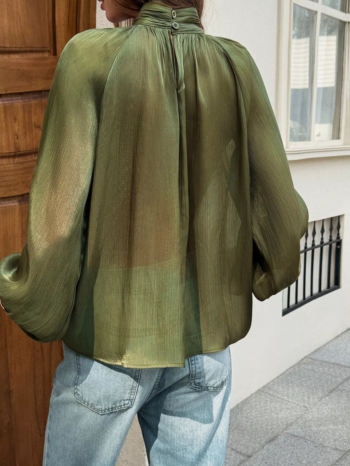 Mock Neck Lantern Sleeves Blouse - Lilixa.store