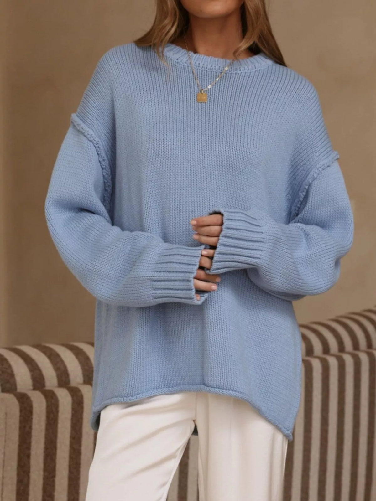 Crew Neck Dropped Shoulder Sweater, view 4