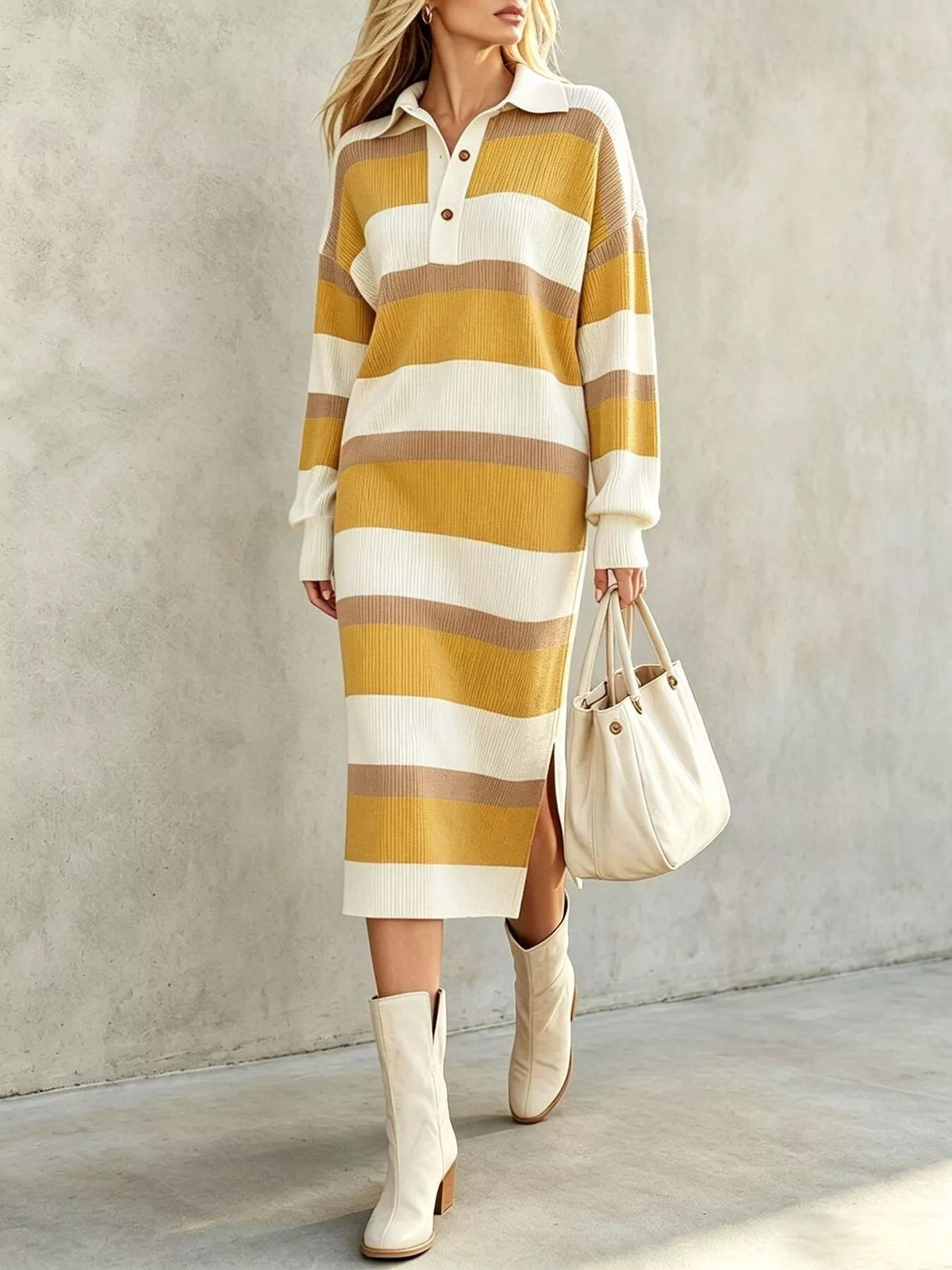 Striped Polo Collar Long Sleeve Sweater Dress - Lilixa.store