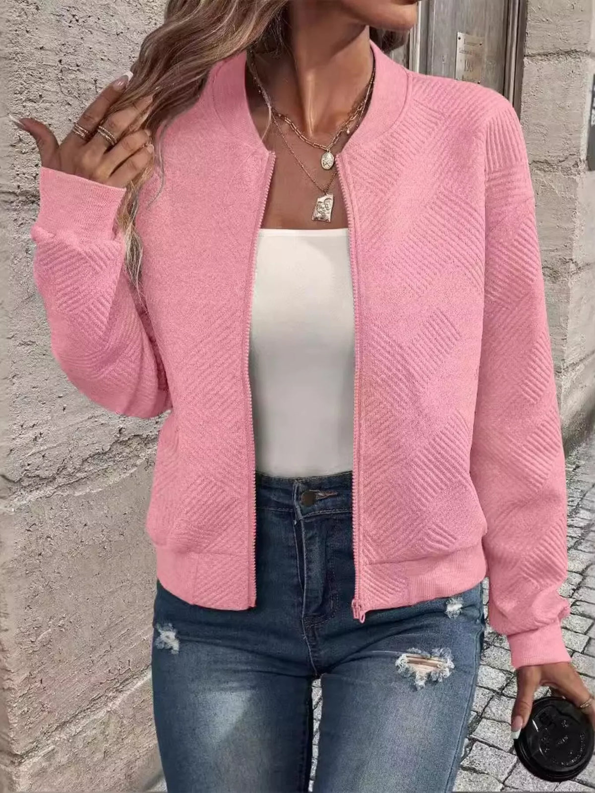 Textured Knit Zip-Up Jacket - Lilixa.store