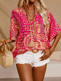 Printed V-Neck Half Sleeve Top - Lilixa.store