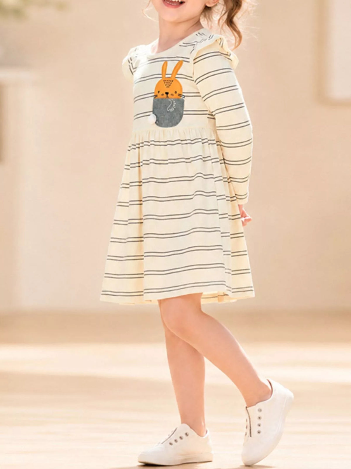 Children's Striped Long-Sleeve Dress with Rabbit Pocket Detail - Lilixa.store