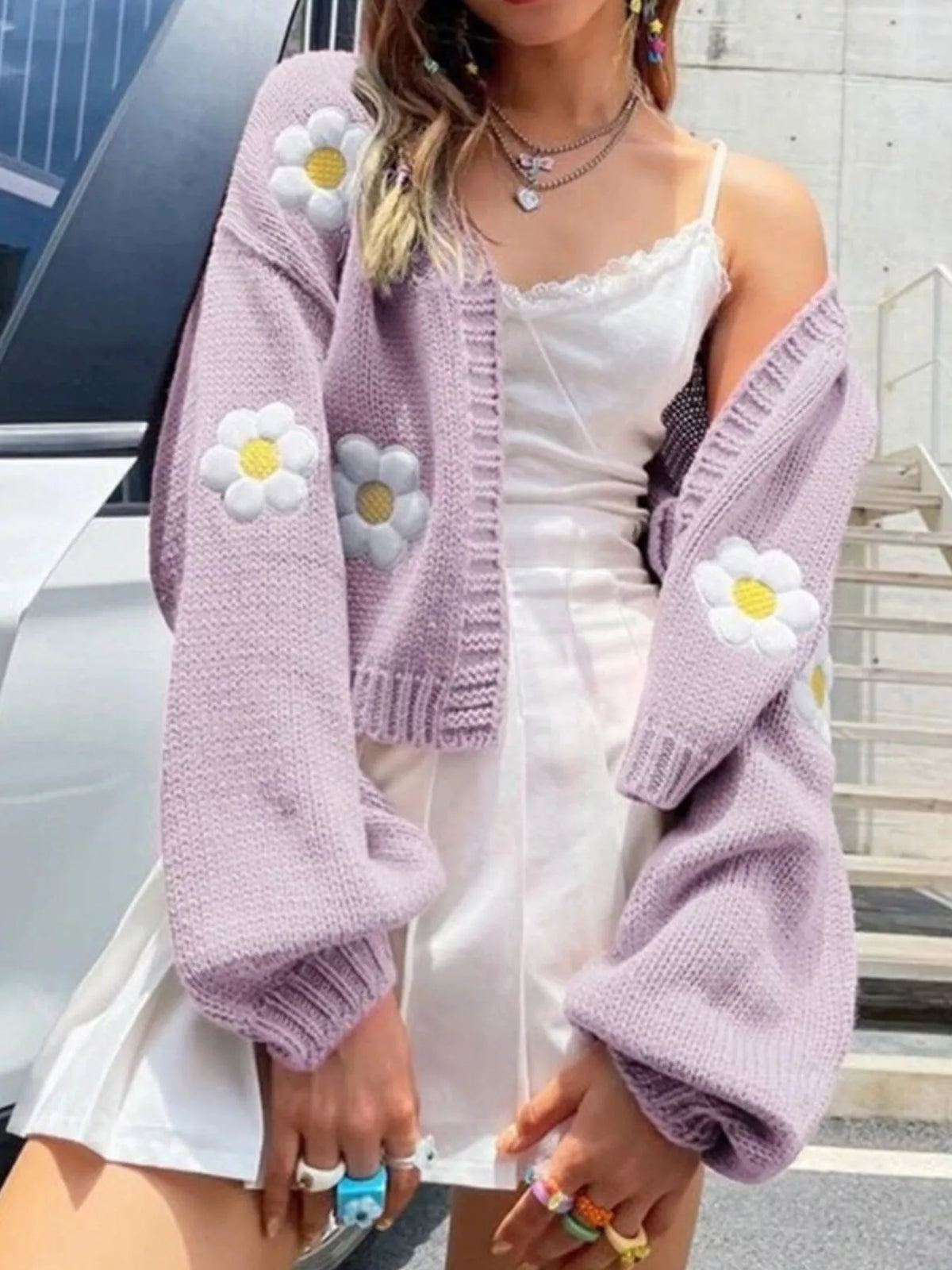 Floral Open Front Knit Cardigan - Lilixa.store