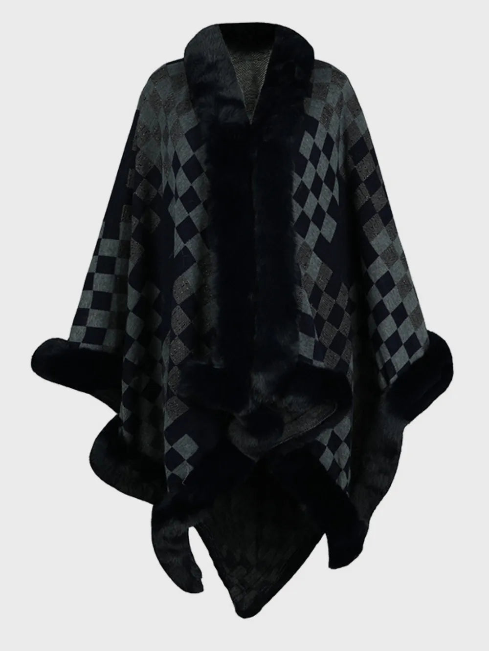 Fuzzy Checkered Long Sleeve Poncho - Lilixa.store
