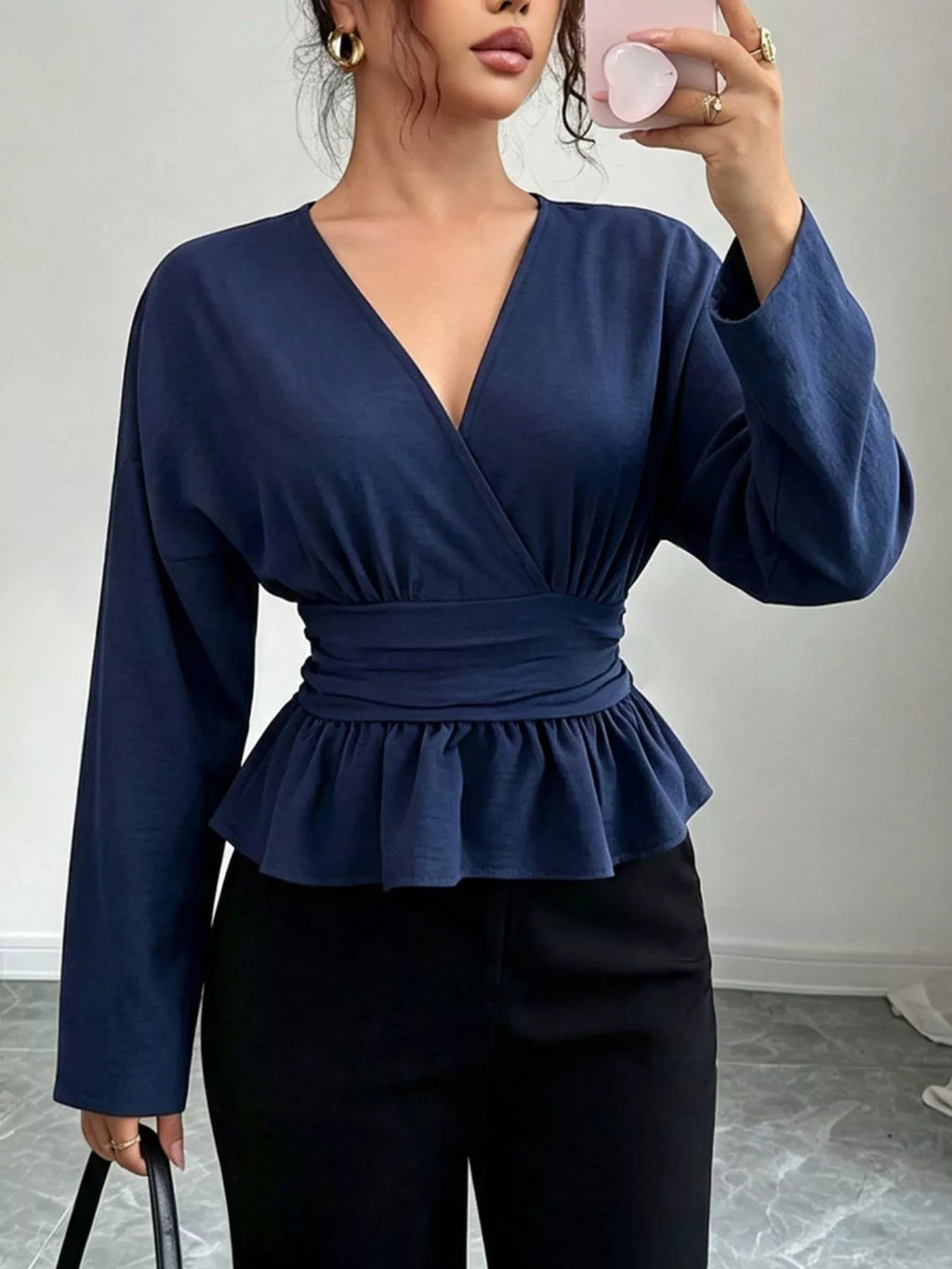 Surplice Long Sleeve Wrap Blouse - Lilixa.store
