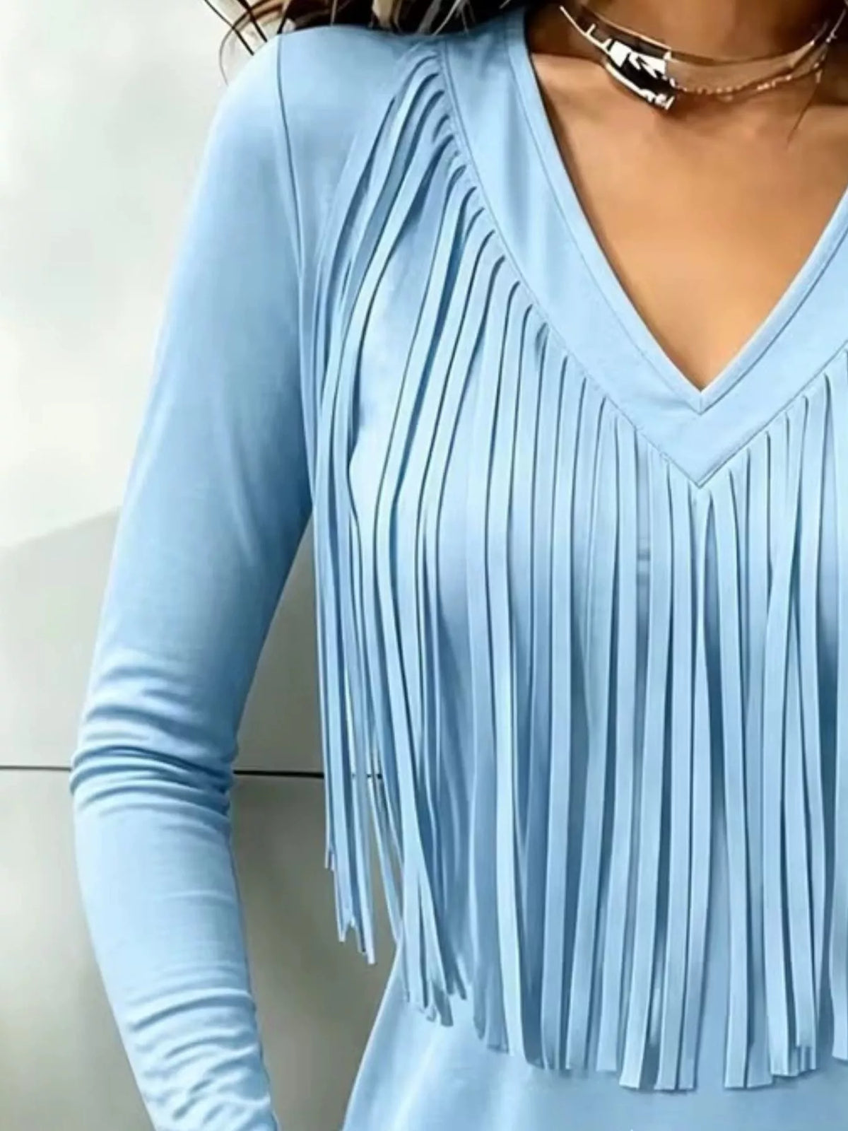Fringe V-Neck Long Sleeve T-Shirt - Lilixa.store