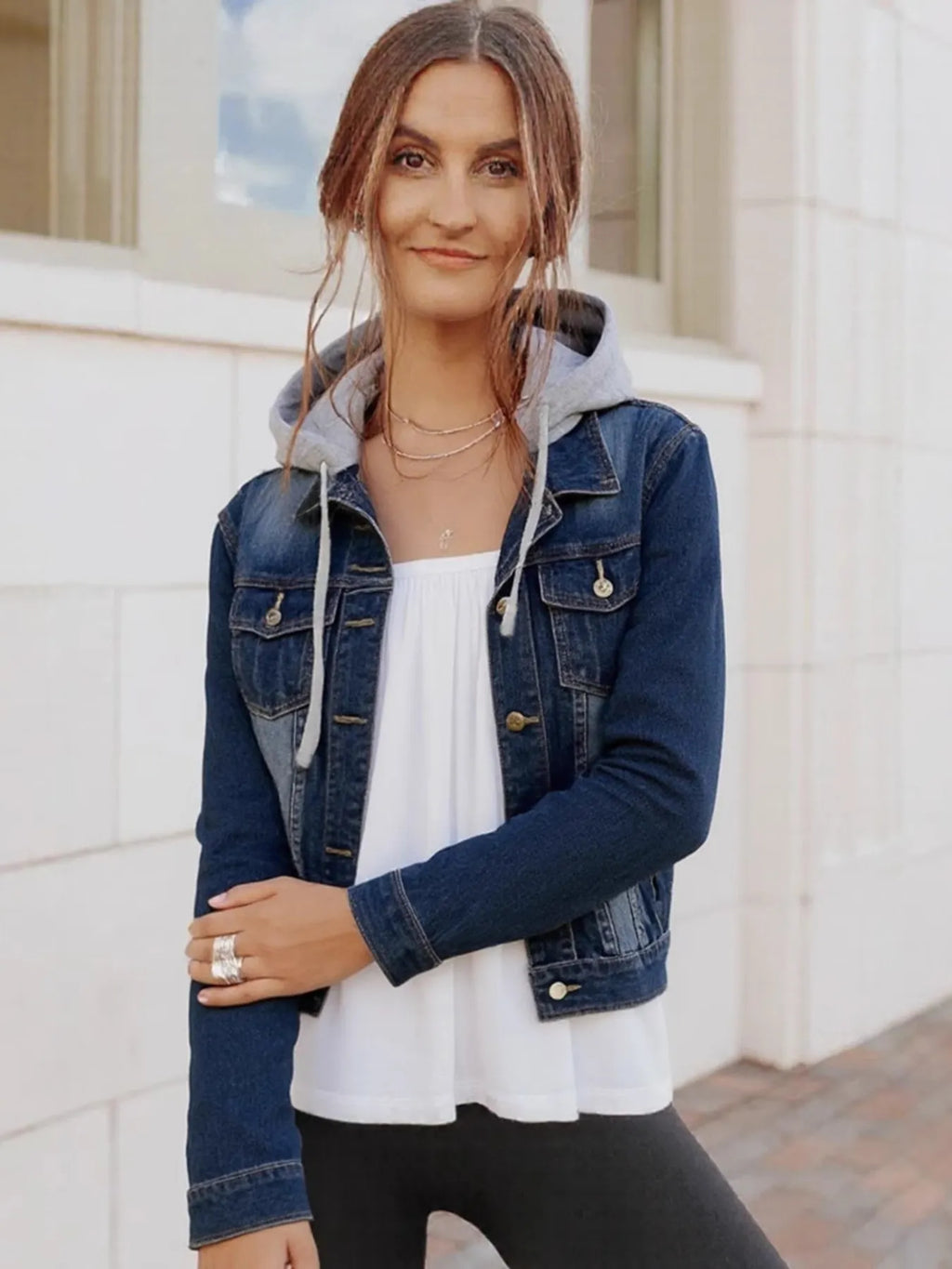 Full Size Button Up Drawstring Hooded Denim Jacket Plus Size, view 2