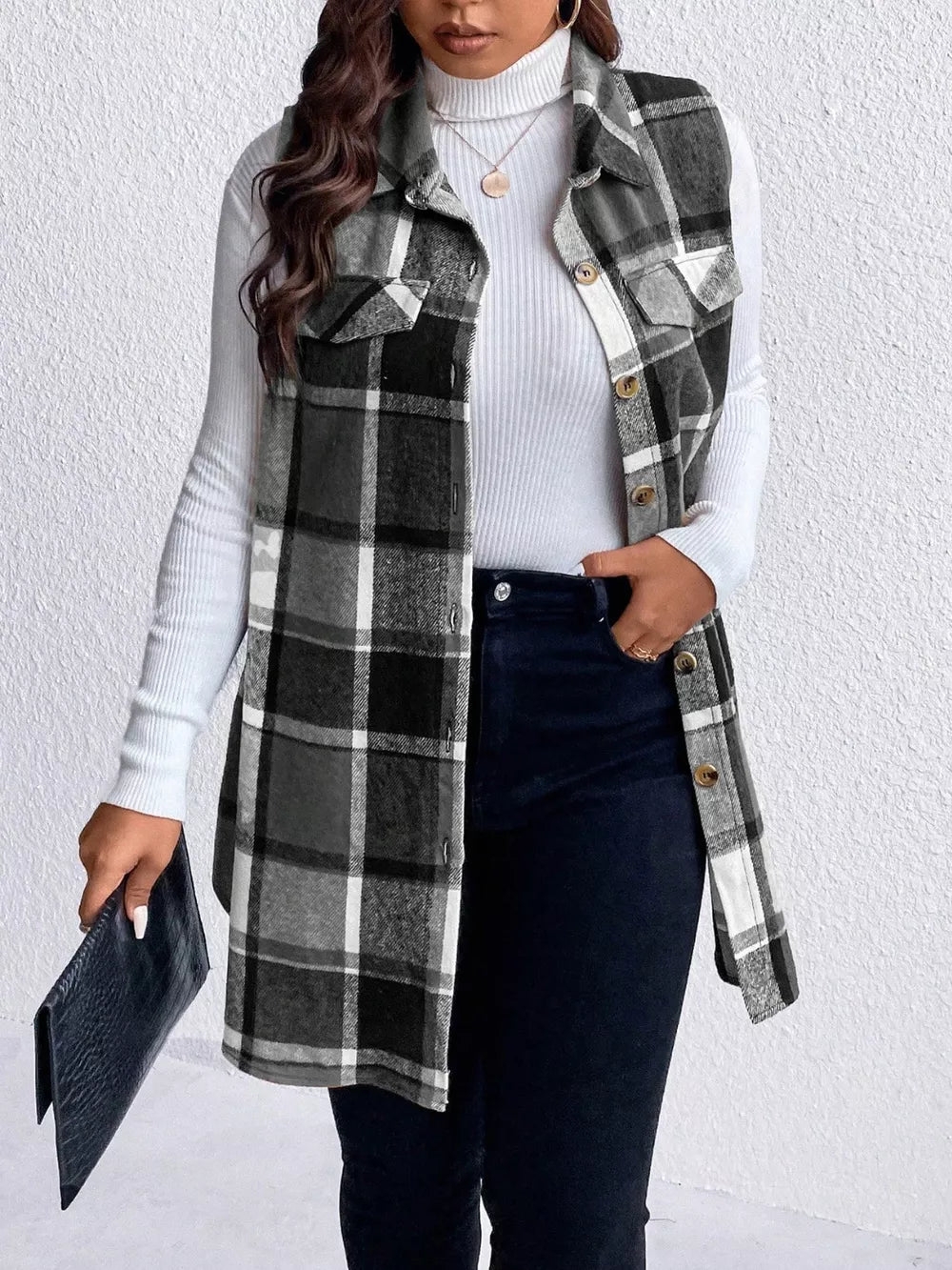 Honey Plus Size Pocketed Plaid Button Up Vest Coat in Black