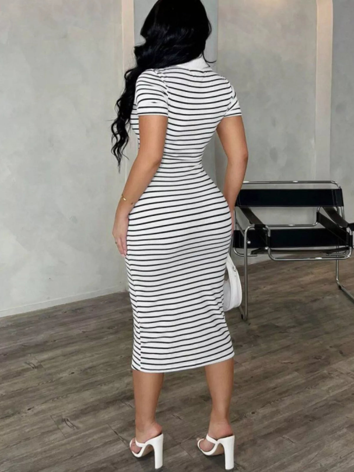 Striped Short Sleeve Bodycon Midi Dress