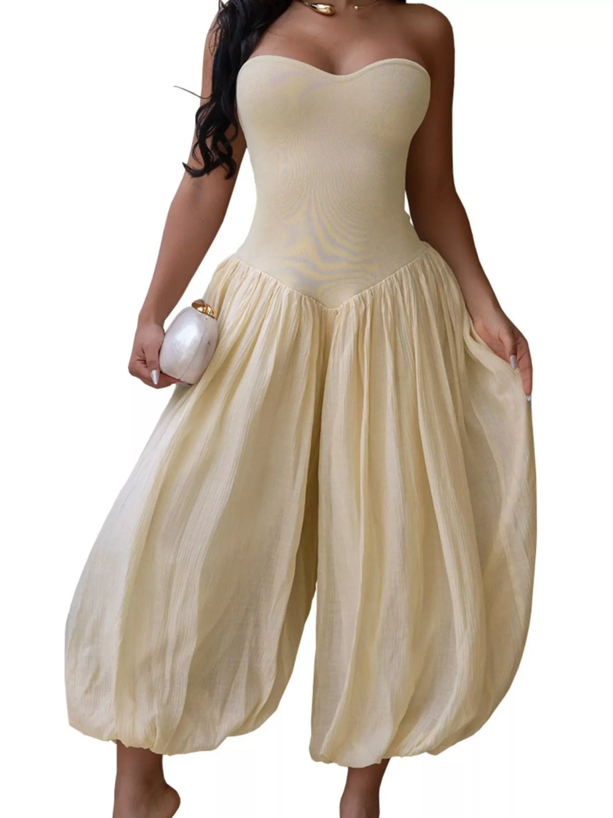 Strapless Ruched Wide-Leg Jumpsuit, view 2