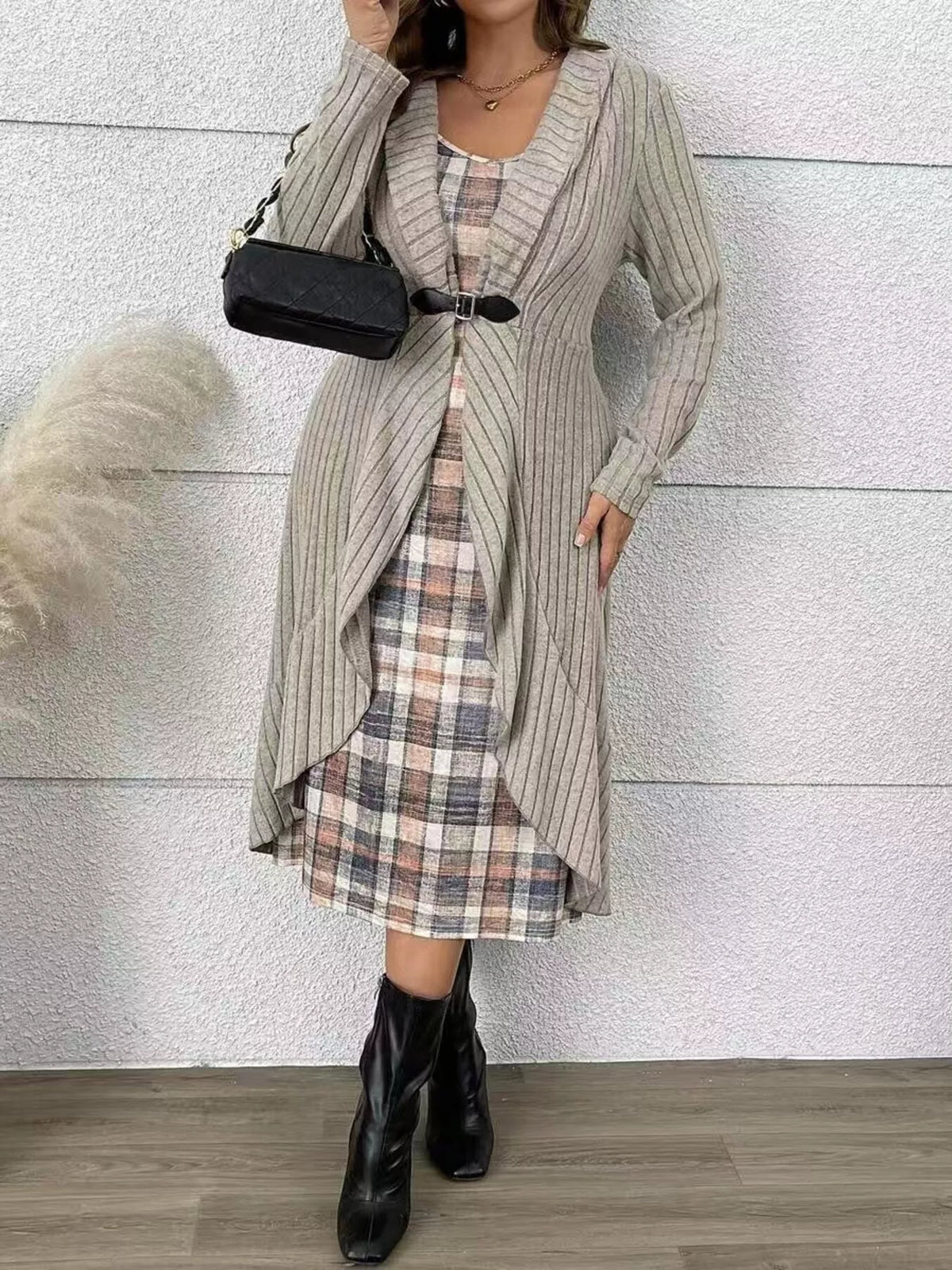 Full Size Ribbed Knit Cardigan and Plaid Dress Two-Piece Set Plus Size - Lilixa.store