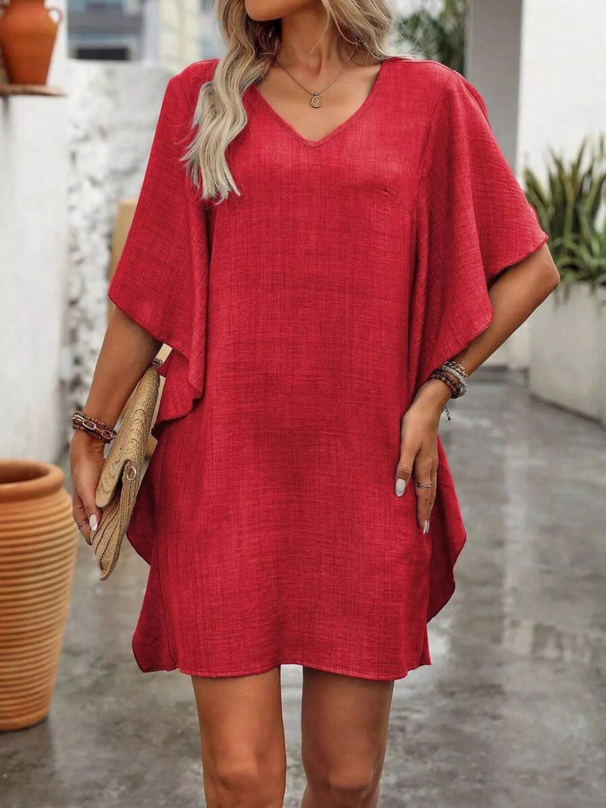 Ruffled Flutter Sleeve V-Neck Mini Dress - Lilixa.store