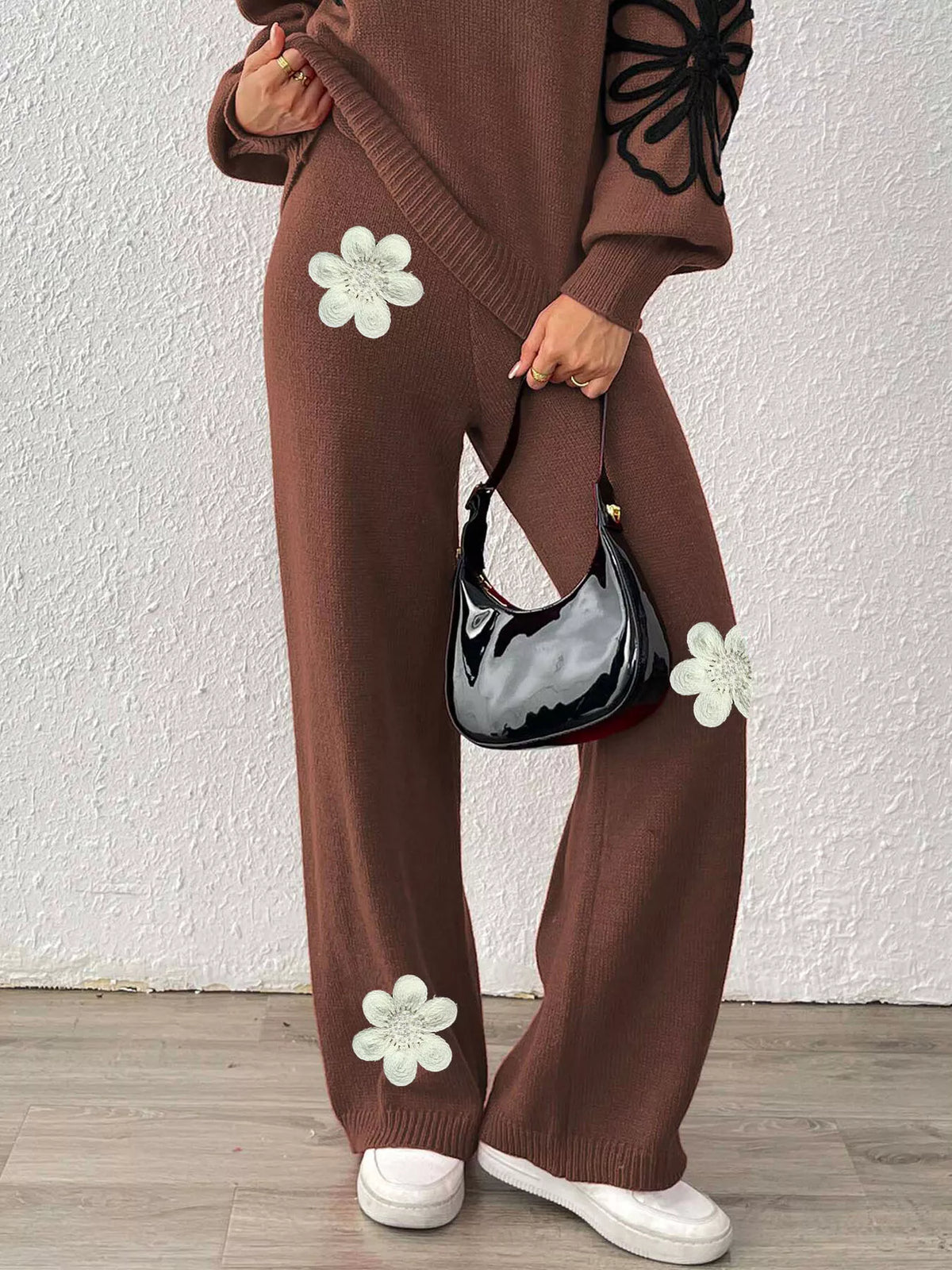 High-Waisted Wide-Leg Sweater Pants with Floral Beaded Decor in Coffee Brown