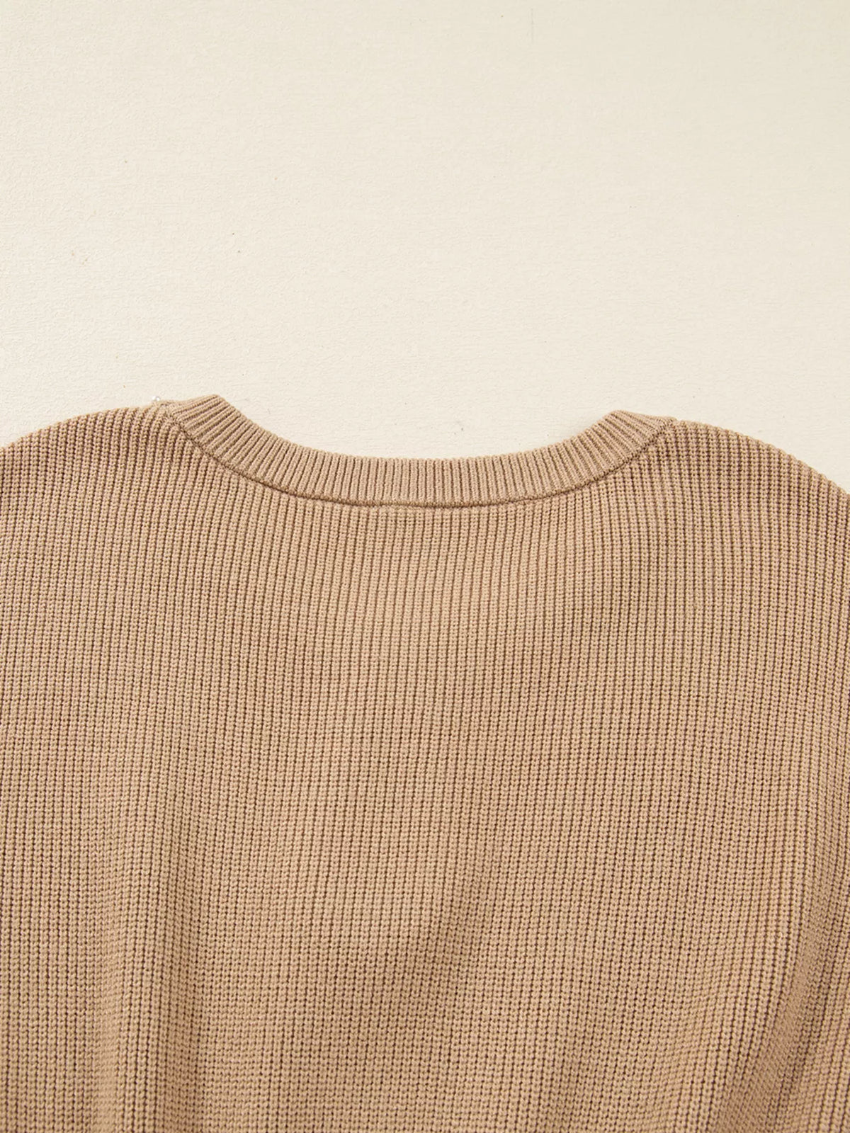Pearl Embellished Keyhole Ribbed Sweater Dress in Camel, view 11