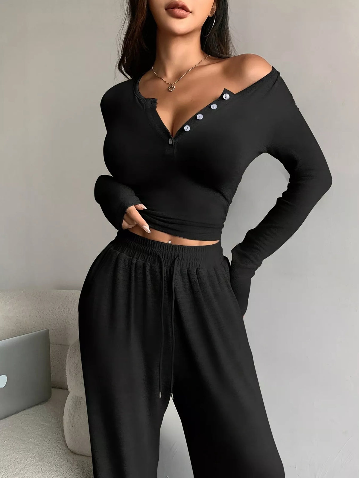 Button Detail Long Sleeve Top and Wide-Leg Pants Set