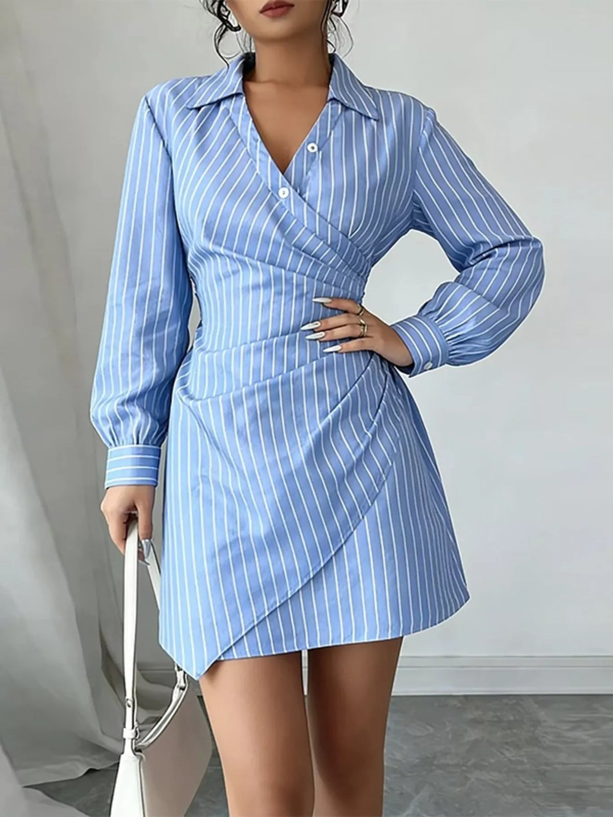 Full Size Striped Long Sleeve Shirt Dress Plus Size in Blue, view 2
