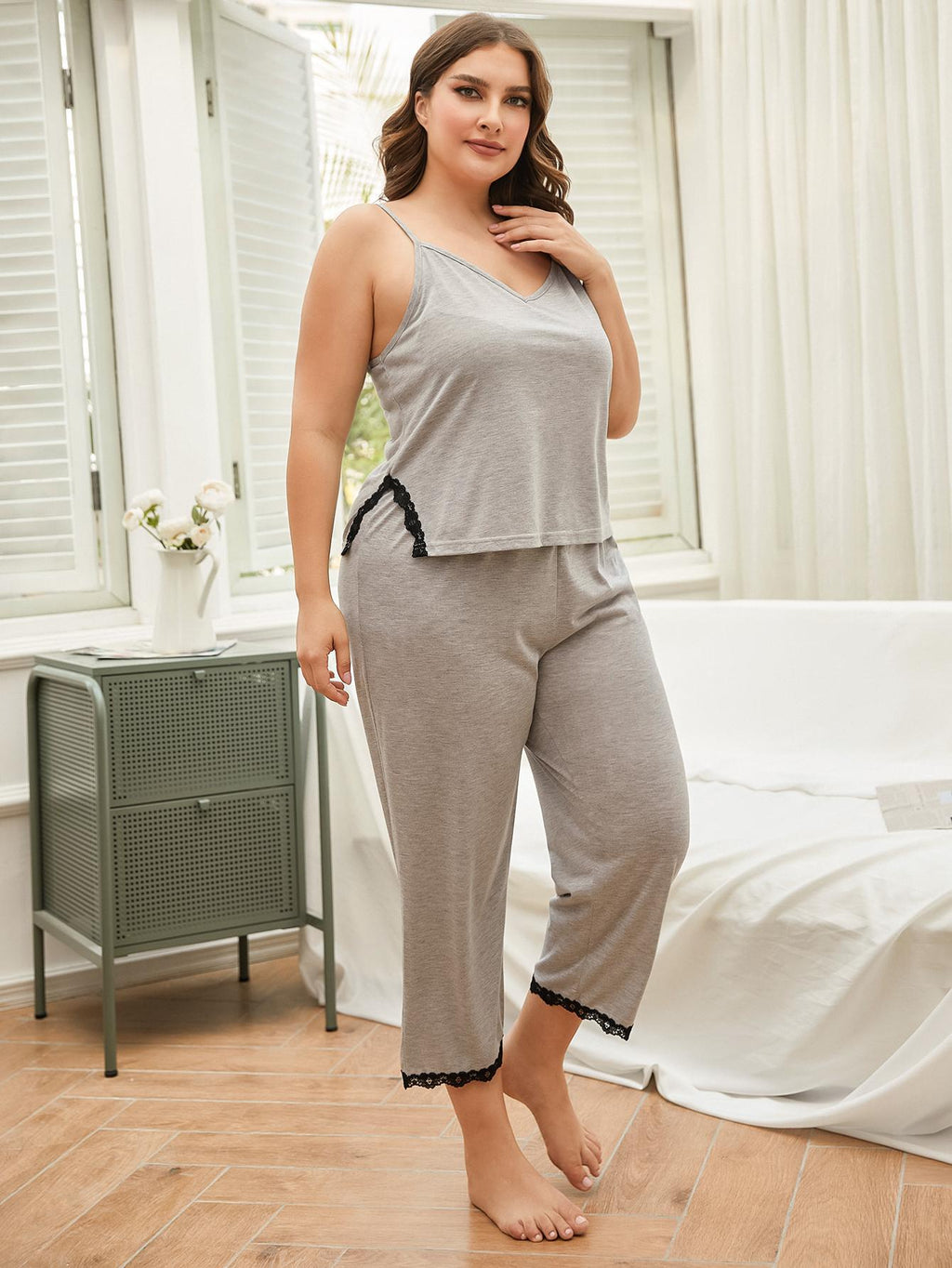 Plus Size Lace Trim Slit Cami and Pants Pajama Set - Lilixa.store