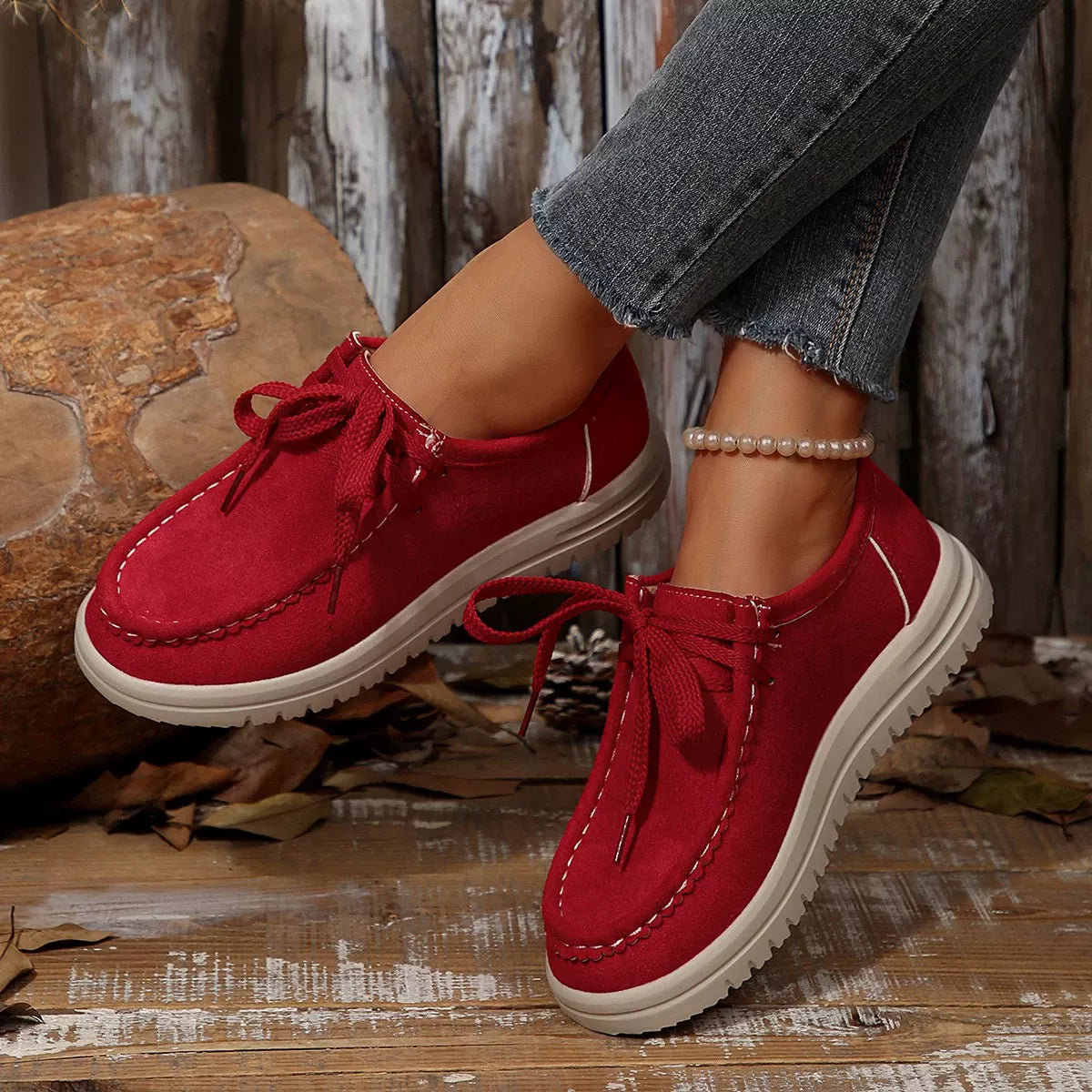 Lace-Up Round Toe Loafers in Wine Red
