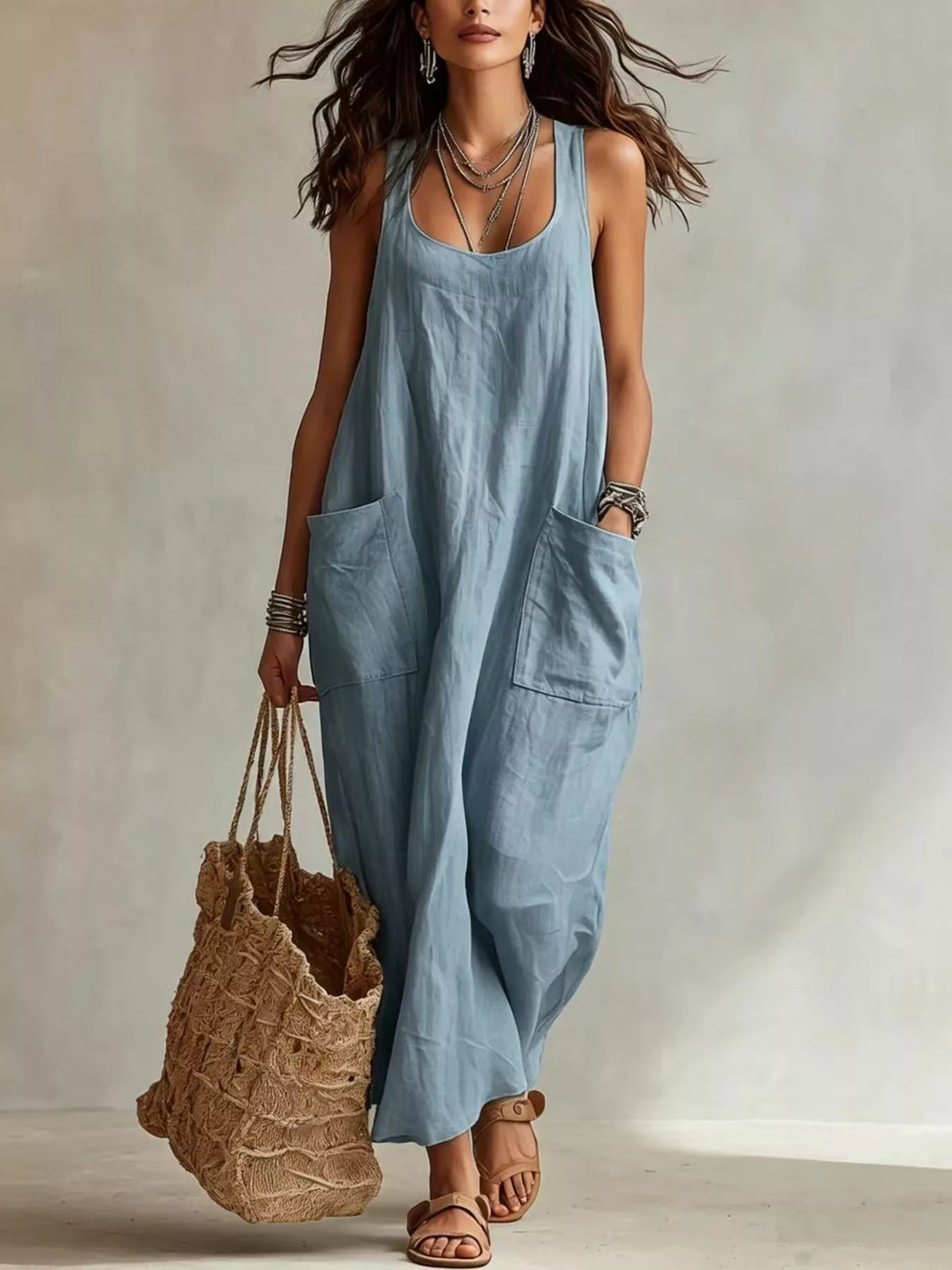 Scoop Neck Sleeveless Maxi Dress with Pockets - Lilixa.store