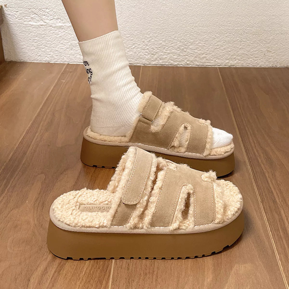 Fluffy Platform Velcro Slippers - Lilixa.store