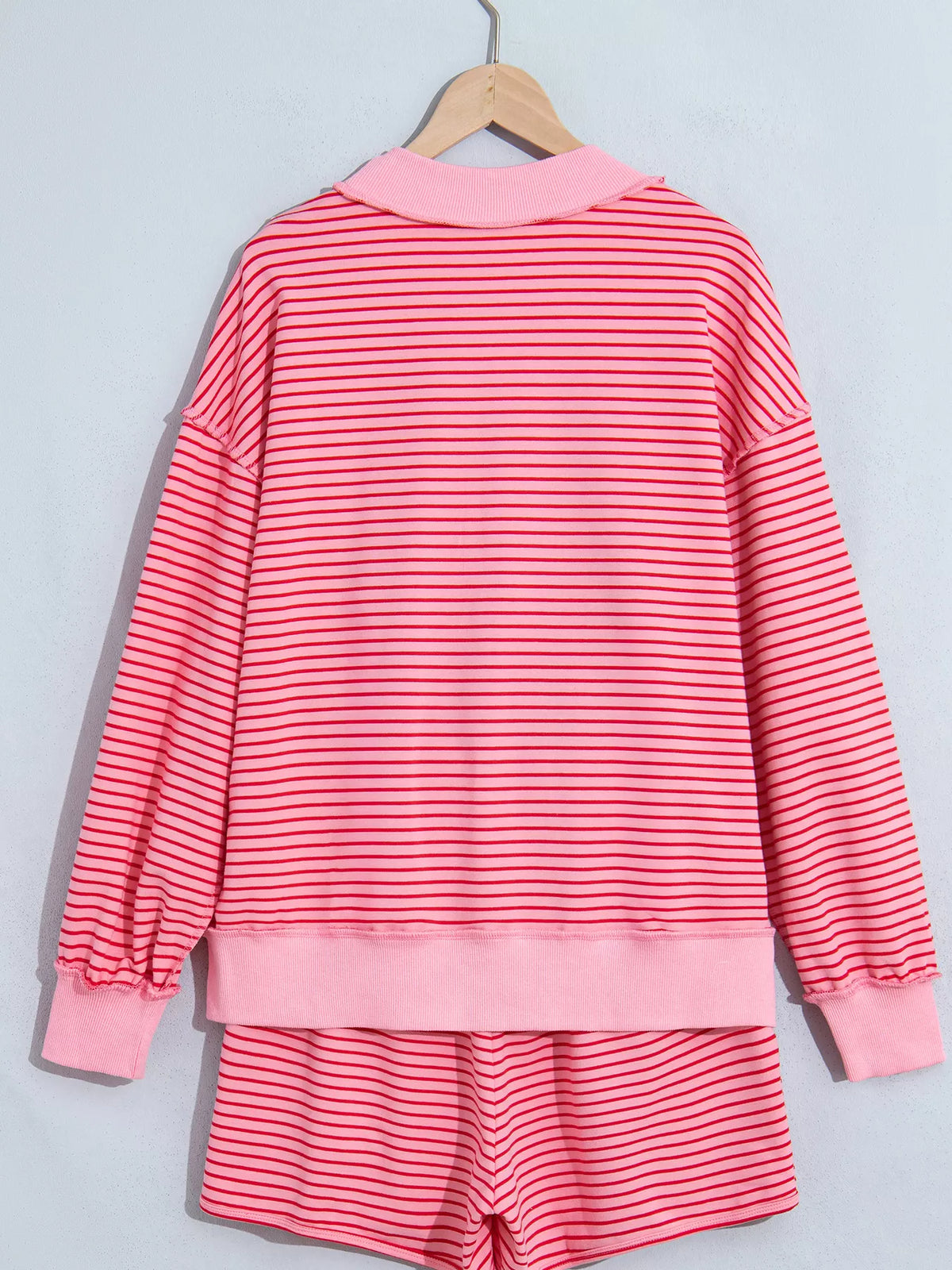 Stripe Ribbed Patchwork Mock Neck Baggy Pullover Matching Shorts Set - Lilixa.store