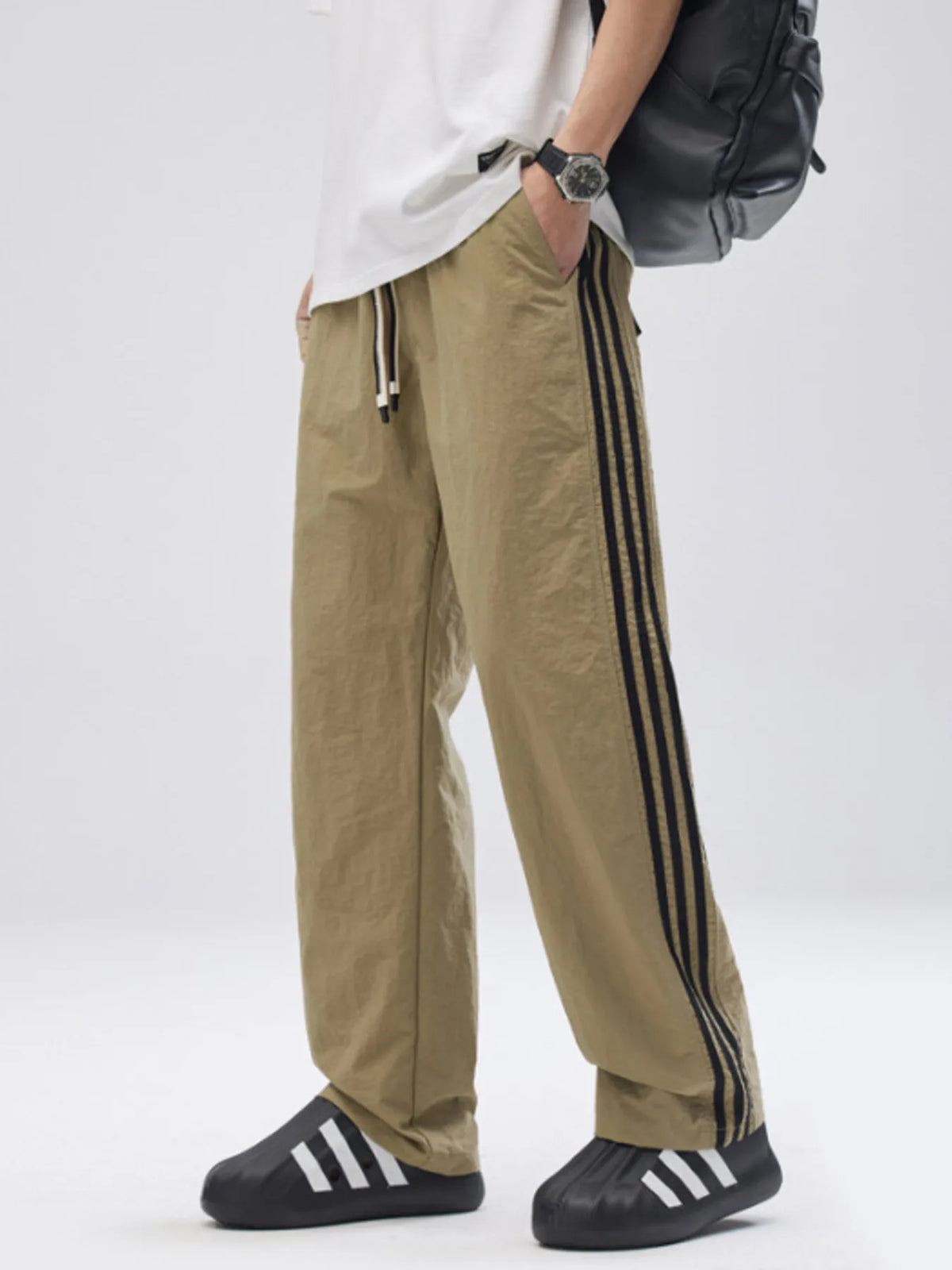 Men's Full Size Drawstring Wide Leg Pants with Side Striped Plus Size in Khaki