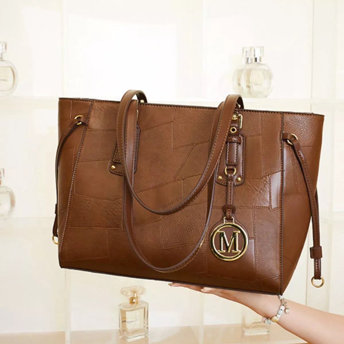 Patchwork Leather Tote Bag with Gold Logo Charm in Brown, view 4