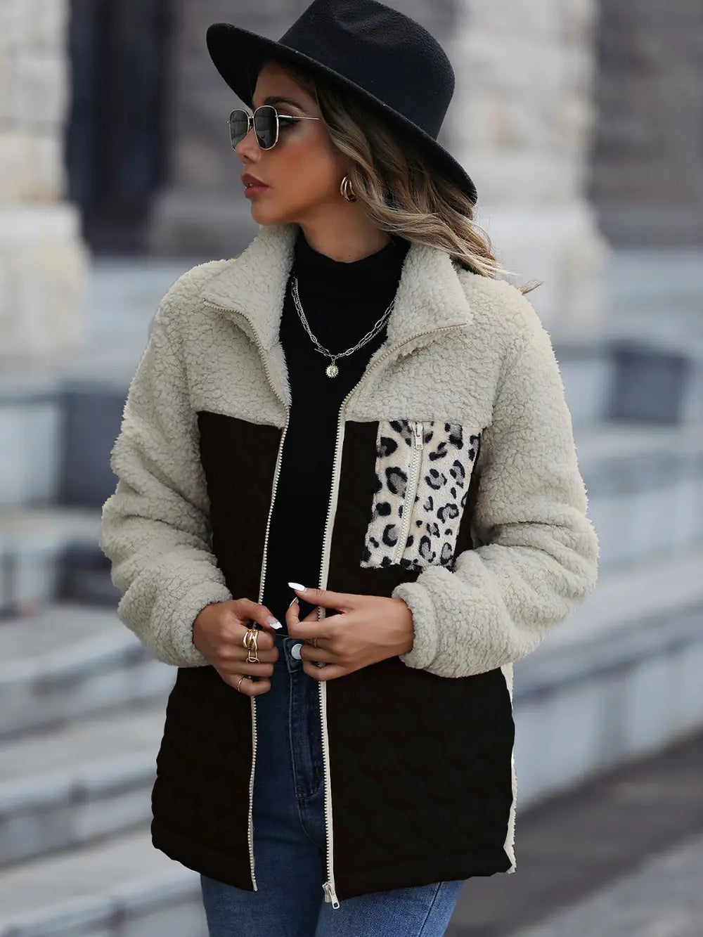 Leopard Color Block Zip-Up Jacket in Black