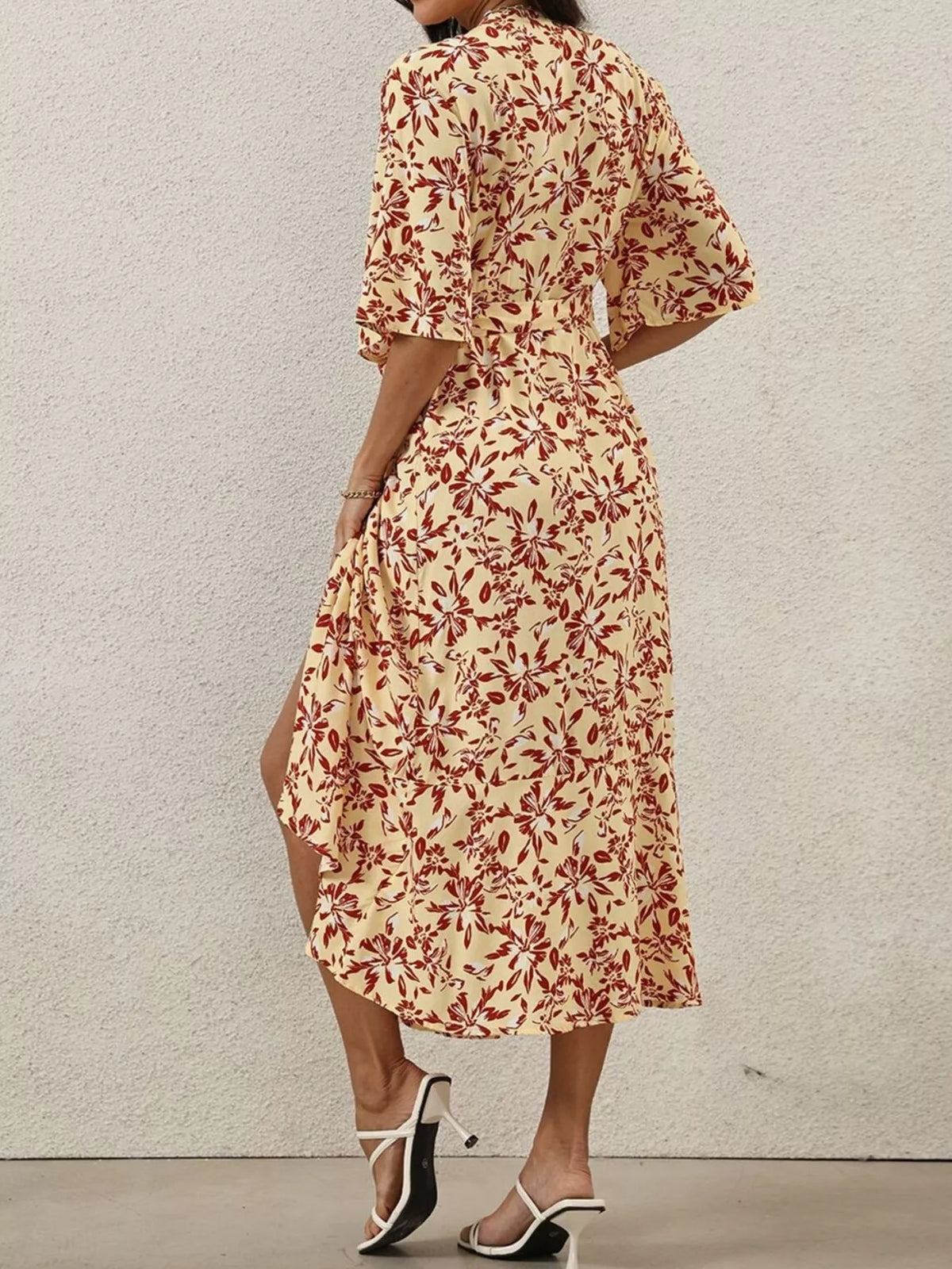 Slit Printed Surplice Midi Dress