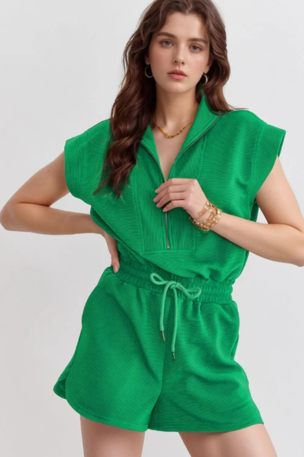 Drawstring Waist Half Zip Romper – image 1 | Lilixa