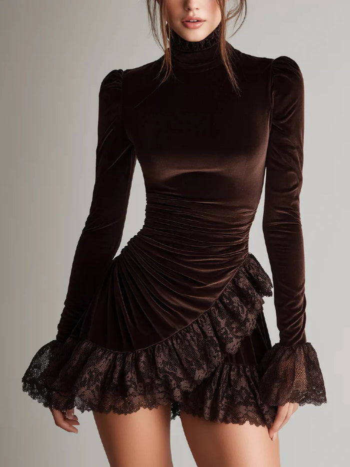 Velvet Mock Neck Mini Dress with Lace Ruffle Trim - Lilixa.store