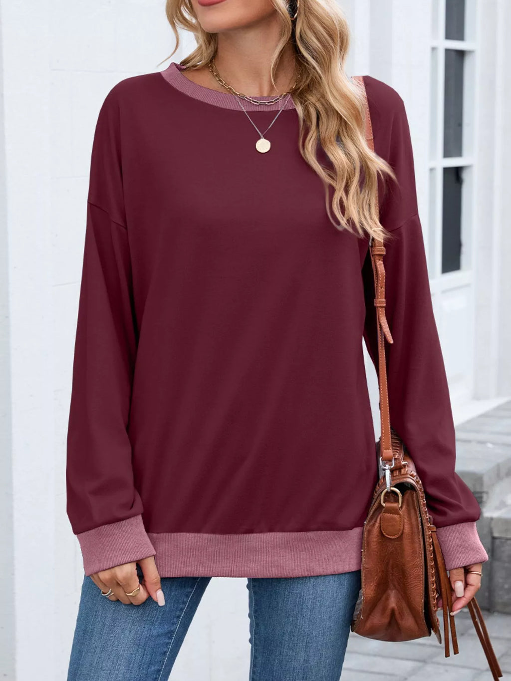 Contrast Trim Long Sleeve Sweatshirt - Lilixa.store