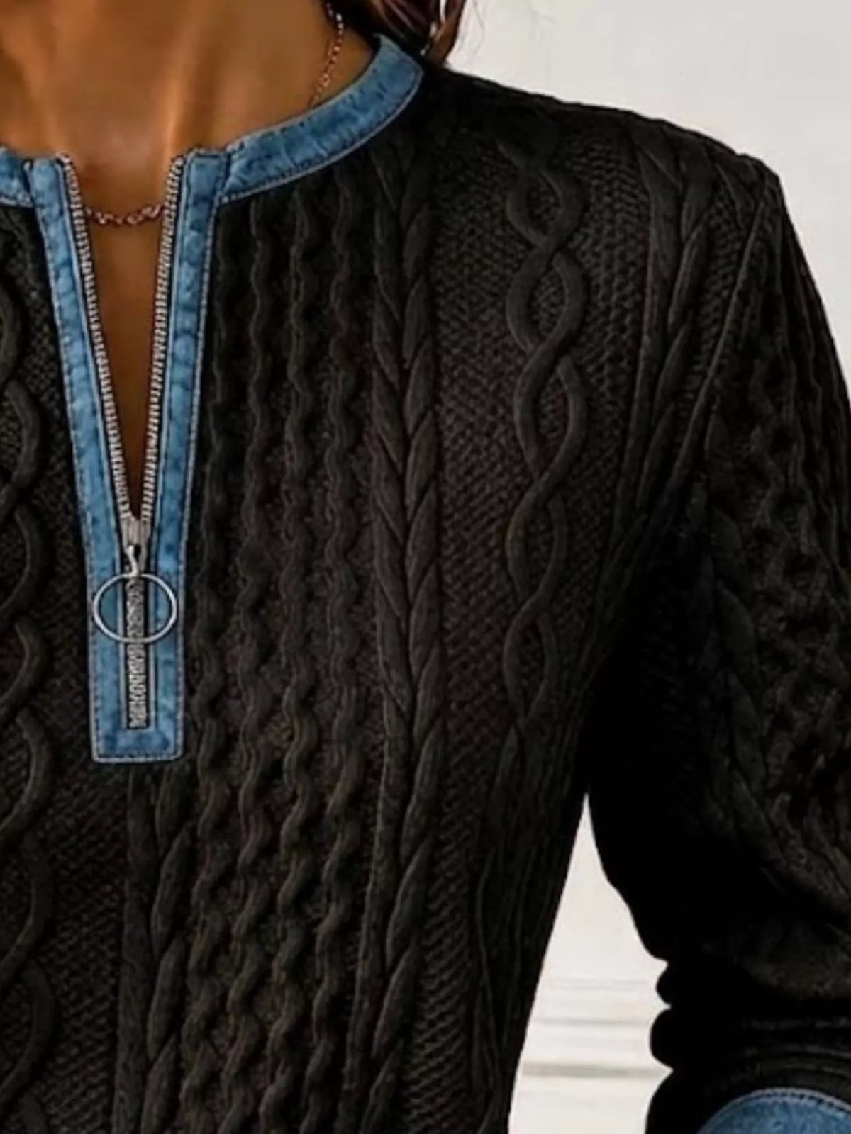Full Size Denim Contrast Trim Quarter Zip Texture Sweatshirt Plus Size - Lilixa.store