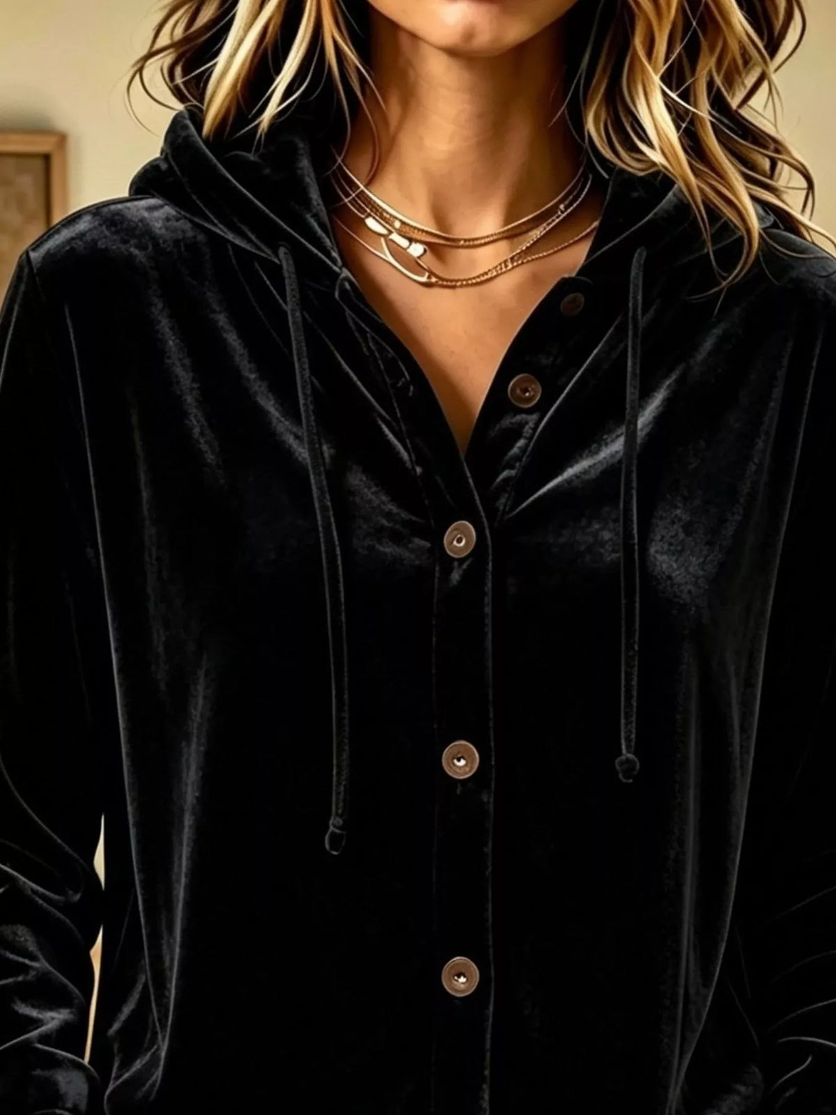 Full Size Velvet Button-Down Hooded Top Plus Size - Lilixa.store