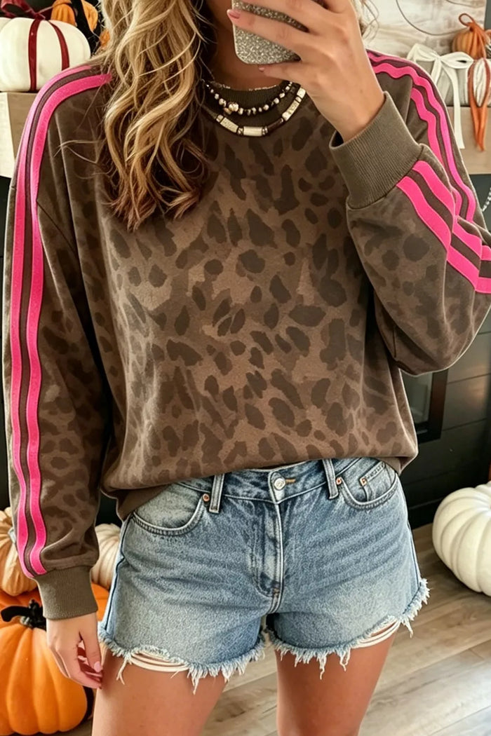 Side Stripes Leopard Round Neck Sweatshirt - Lilixa.store