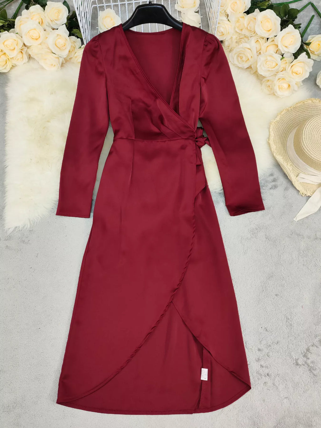 Surplice Satin Long Sleeve Dress - Lilixa.store